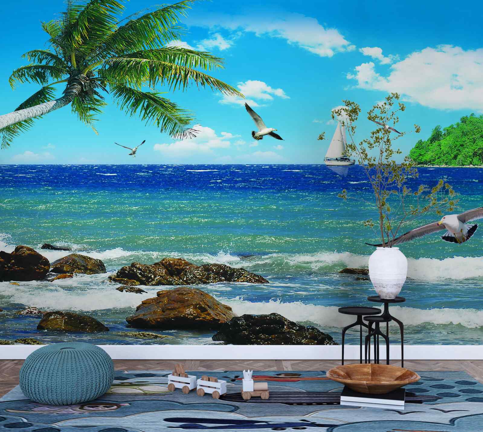Papier peint mer agitée et oiseaux de mer