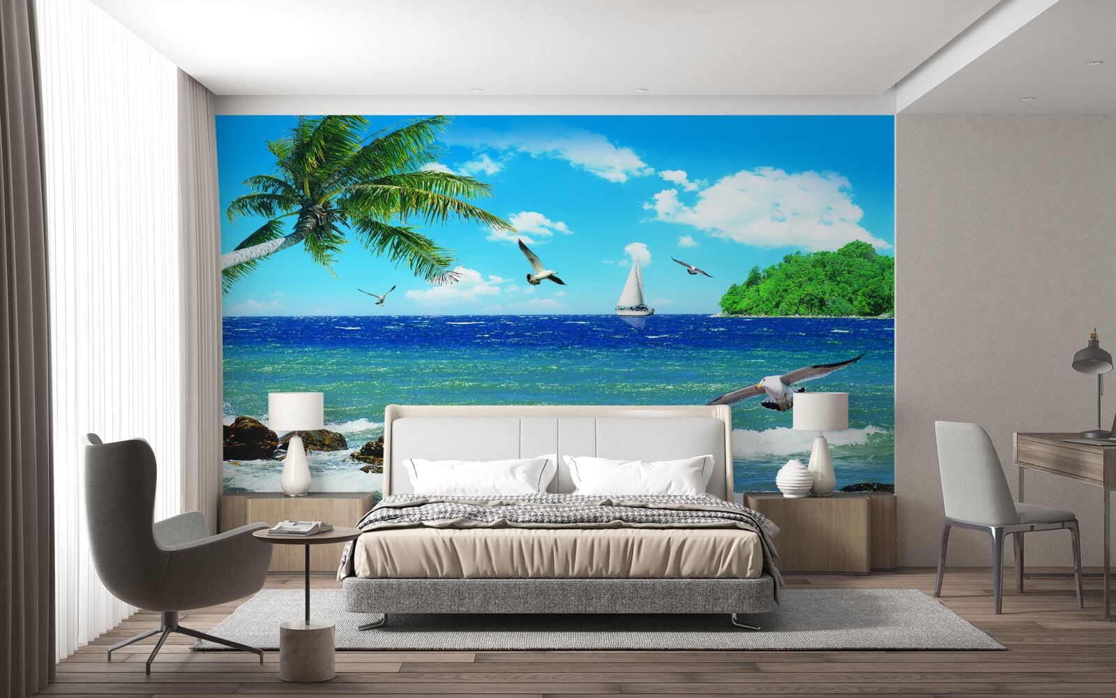 Papier peint mer agitée et oiseaux de mer