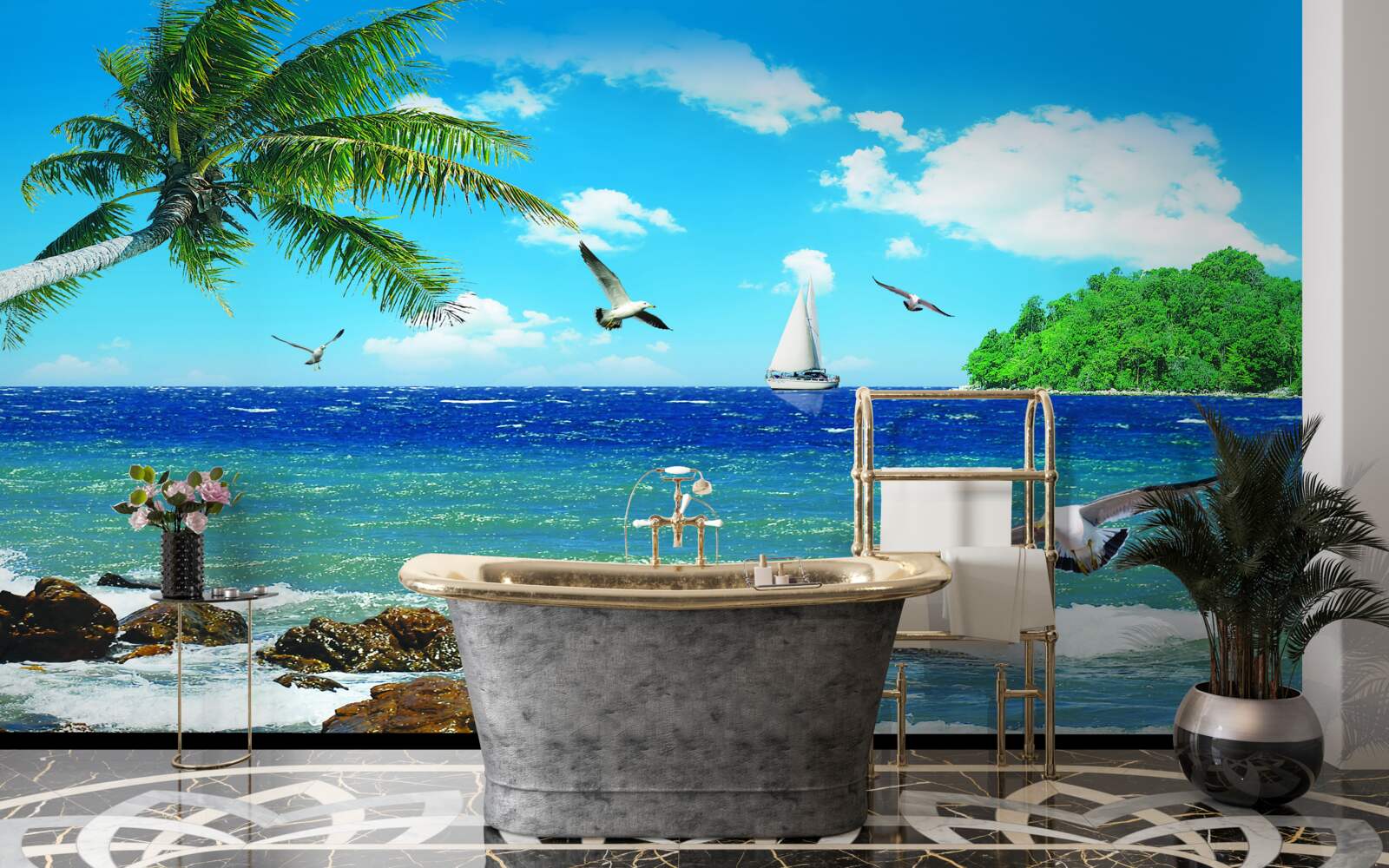 Papier peint mer agitée et oiseaux de mer