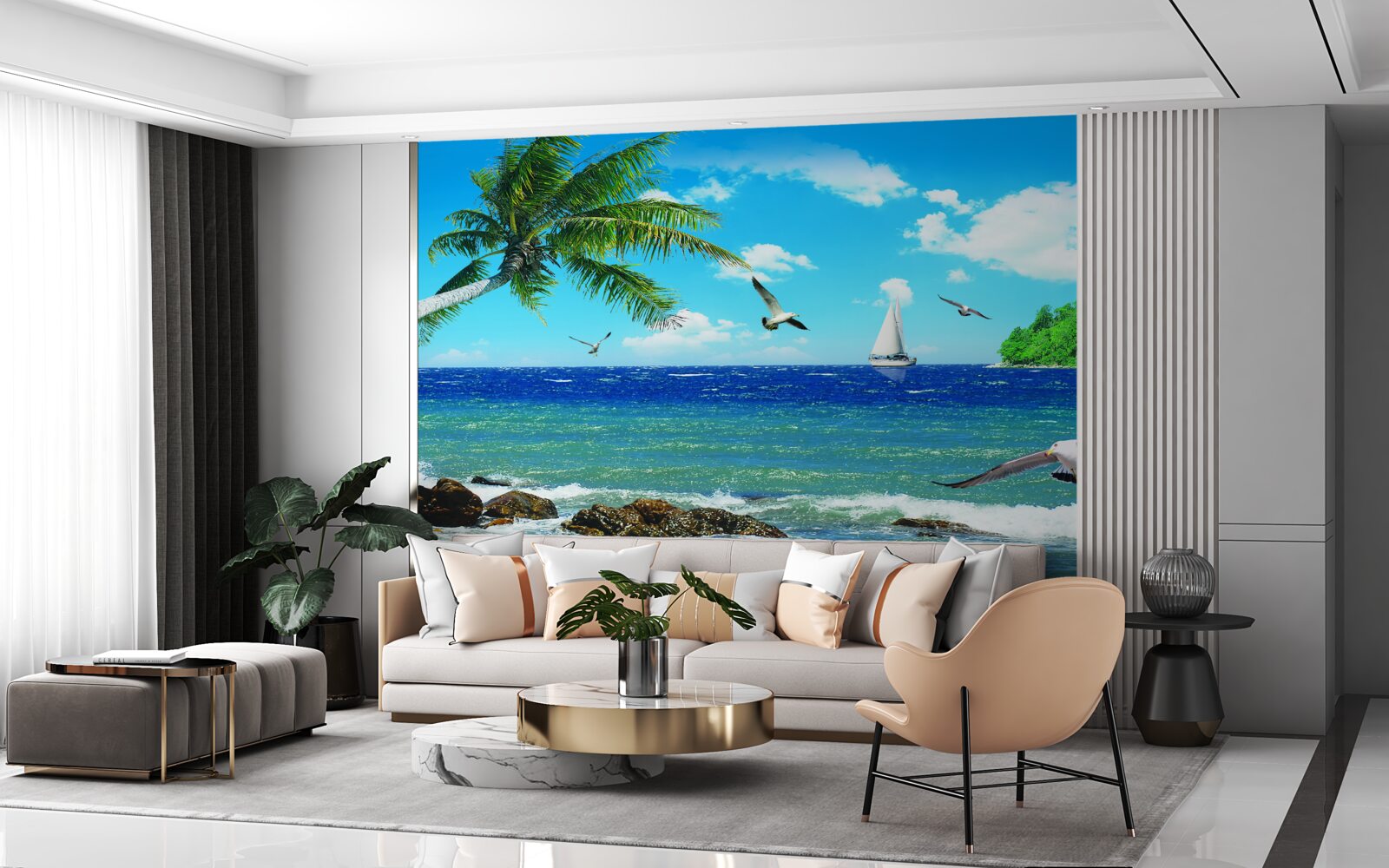 Papier peint mer agitée et oiseaux de mer