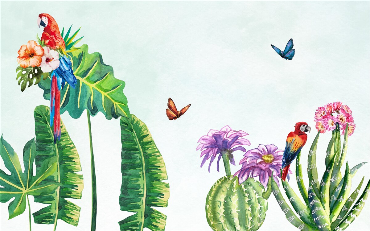 Papier peint des perroquets et des papillons colorés apparaissent dans la verdure