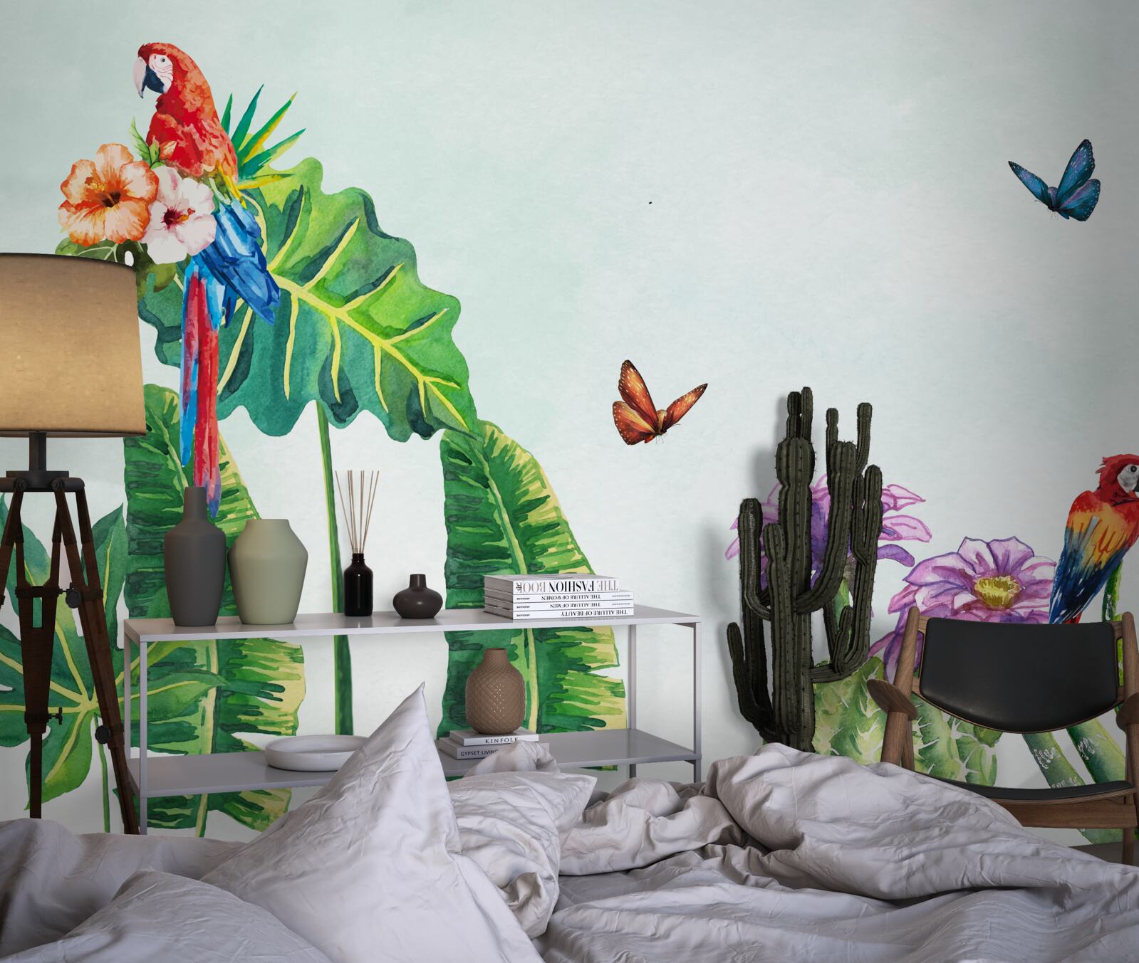 Papier peint des perroquets et des papillons colorés apparaissent dans la verdure