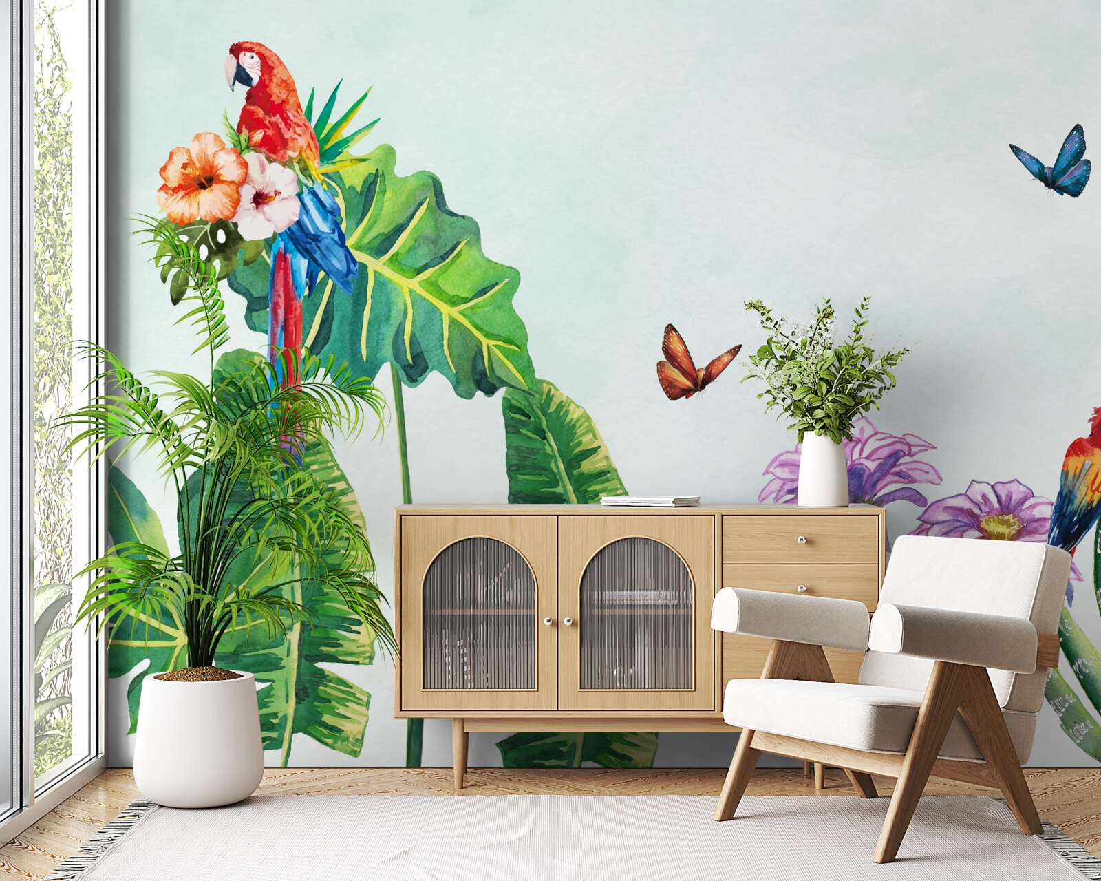 Papier peint des perroquets et des papillons colorés apparaissent dans la verdure