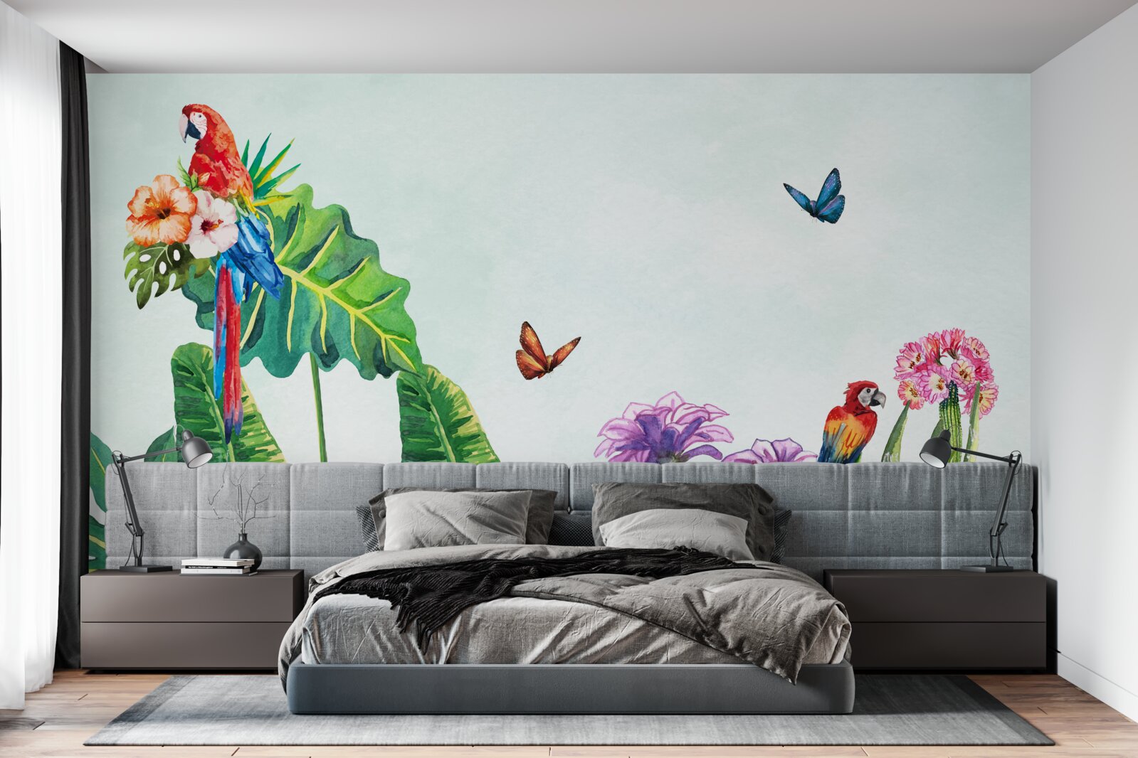 Papier peint des perroquets et des papillons colorés apparaissent dans la verdure