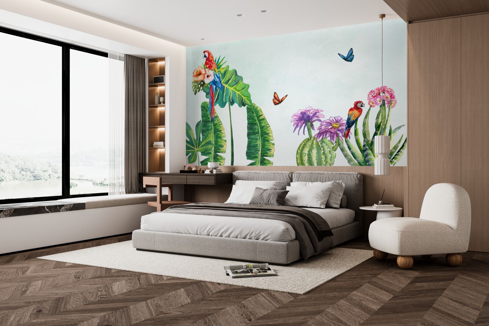 Papier peint des perroquets et des papillons colorés apparaissent dans la verdure