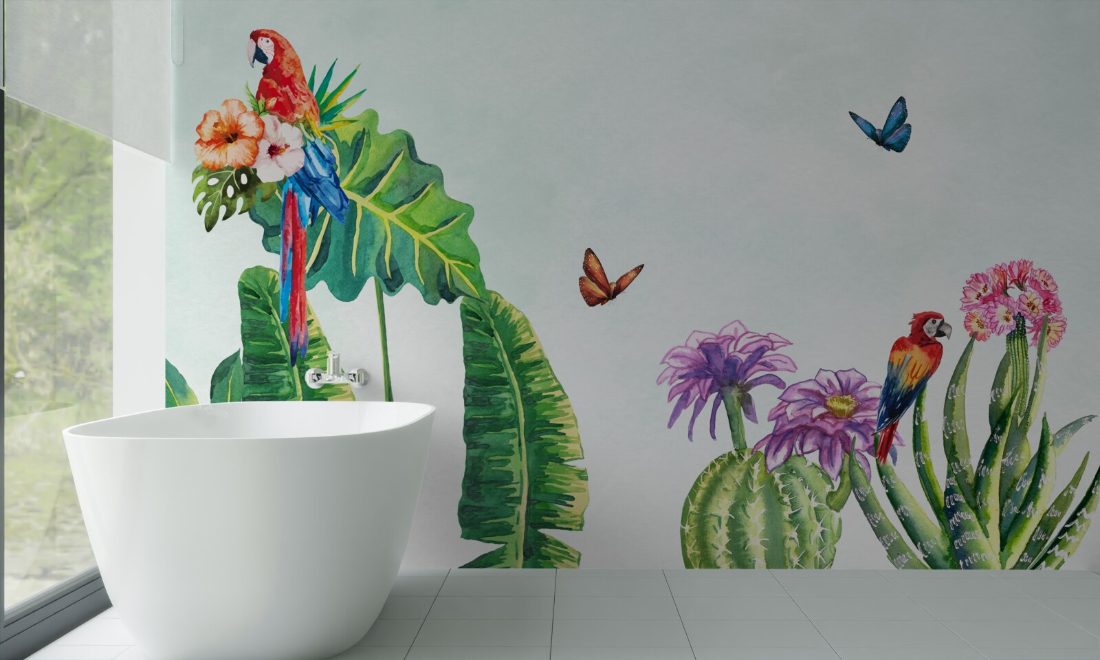 Papier peint des perroquets et des papillons colorés apparaissent dans la verdure