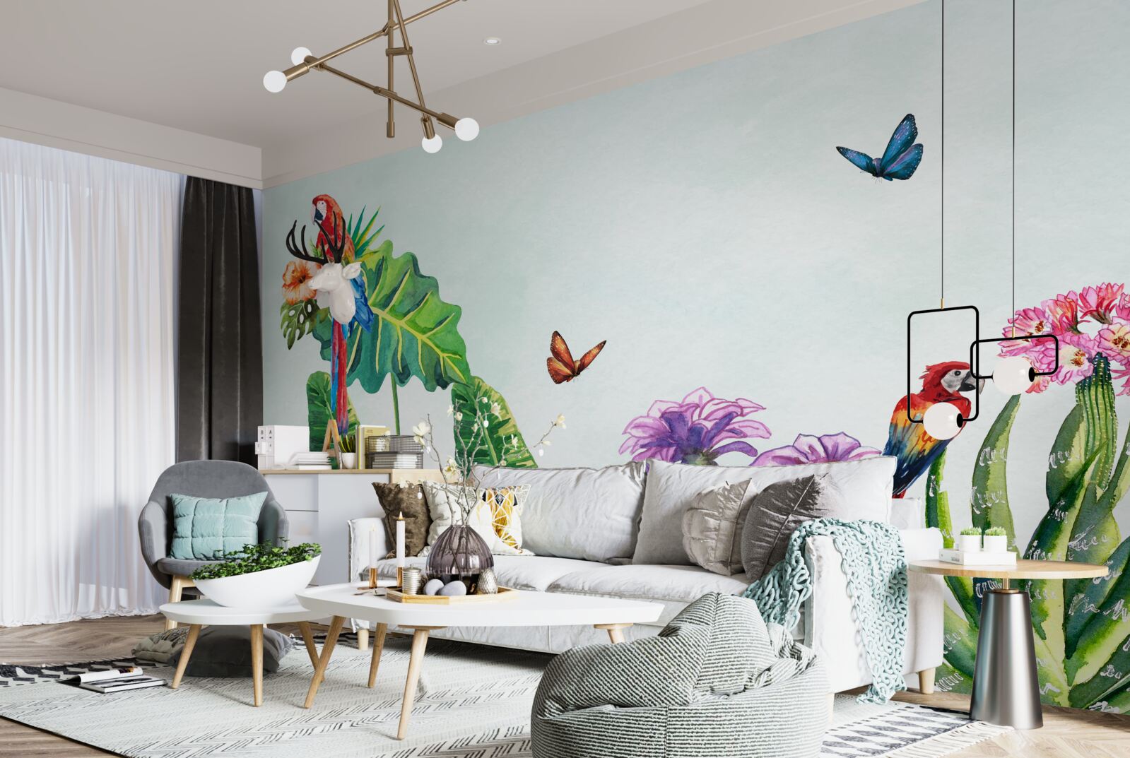 Papier peint des perroquets et des papillons colorés apparaissent dans la verdure