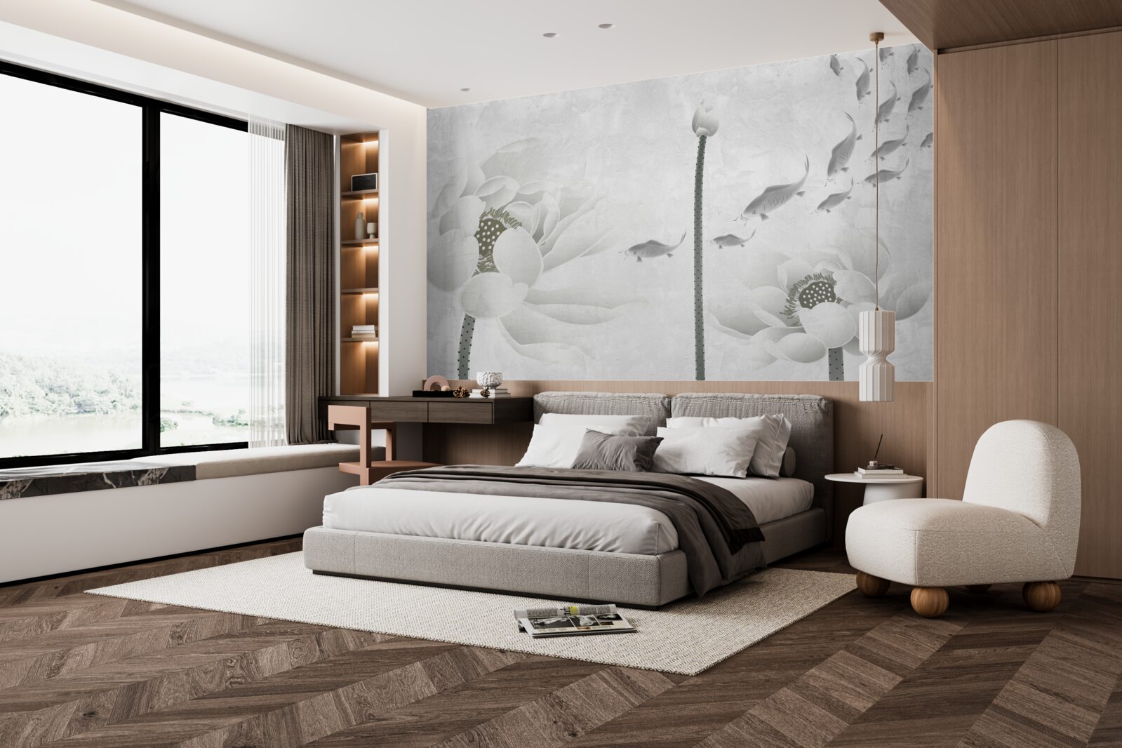 Papier peint les fleurs blanches regardent les poissons passer devant elles