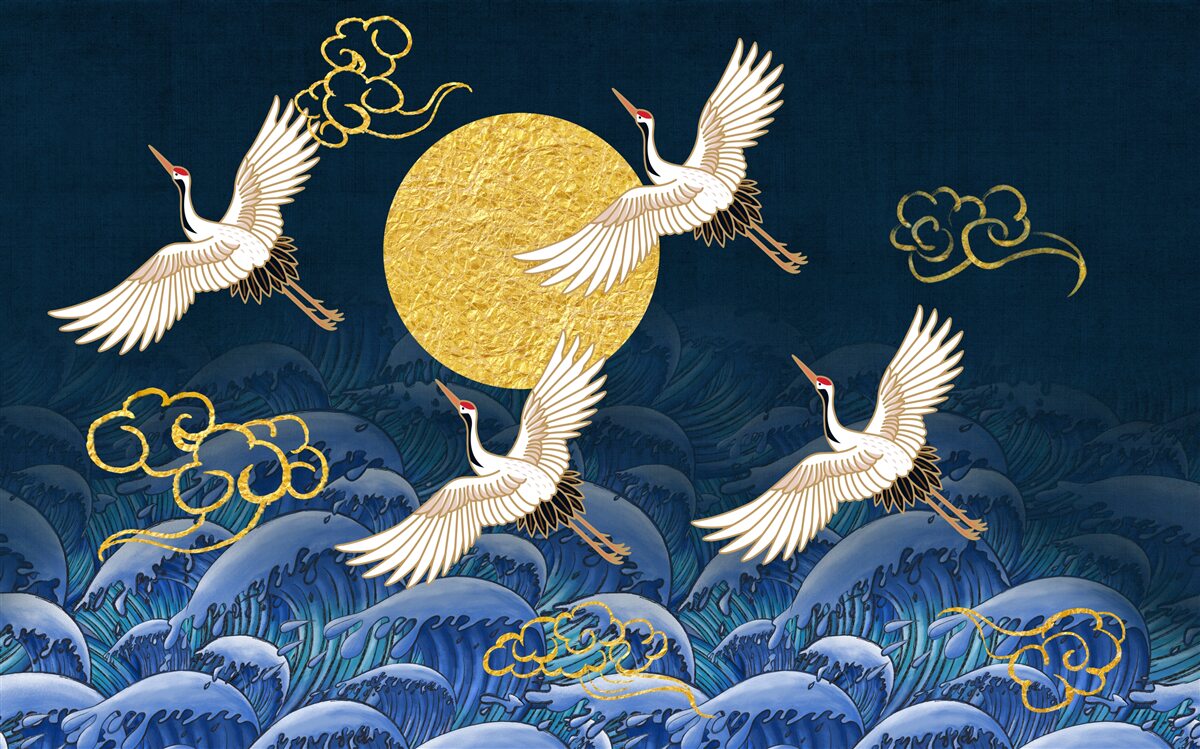 Papier peint groupe de grues se dirigeant vers leur maison