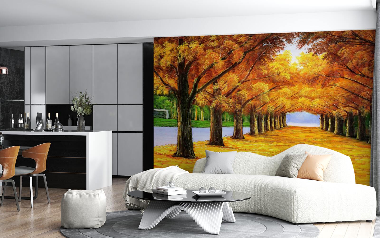 Papier peint période automnale dans un parc avec des arbres couverts de feuilles