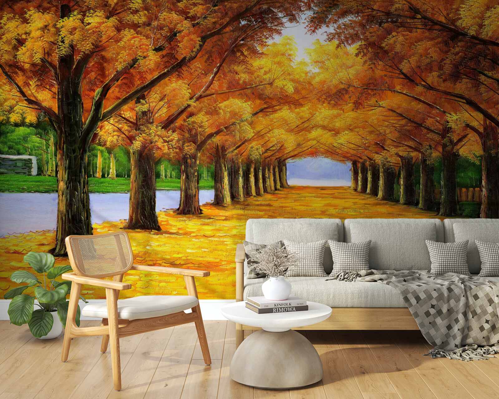 Papier peint période automnale dans un parc avec des arbres couverts de feuilles