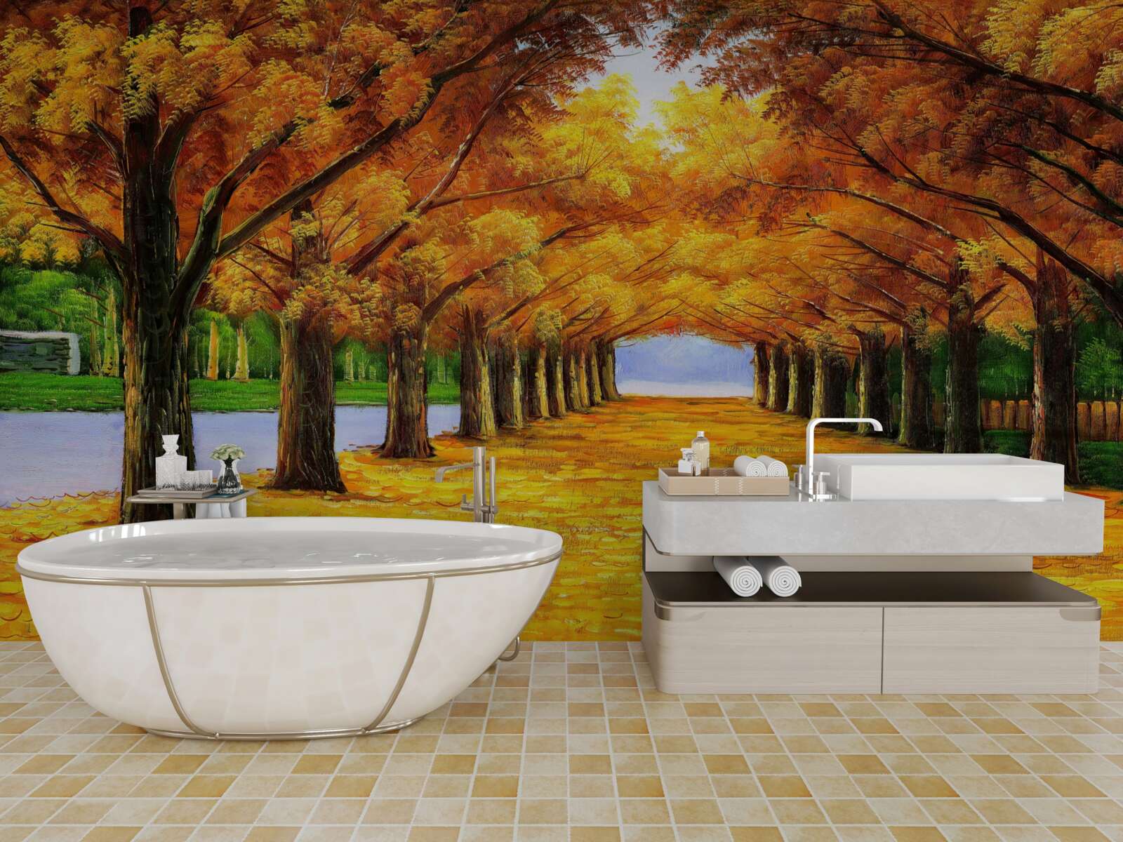 Papier peint période automnale dans un parc avec des arbres couverts de feuilles