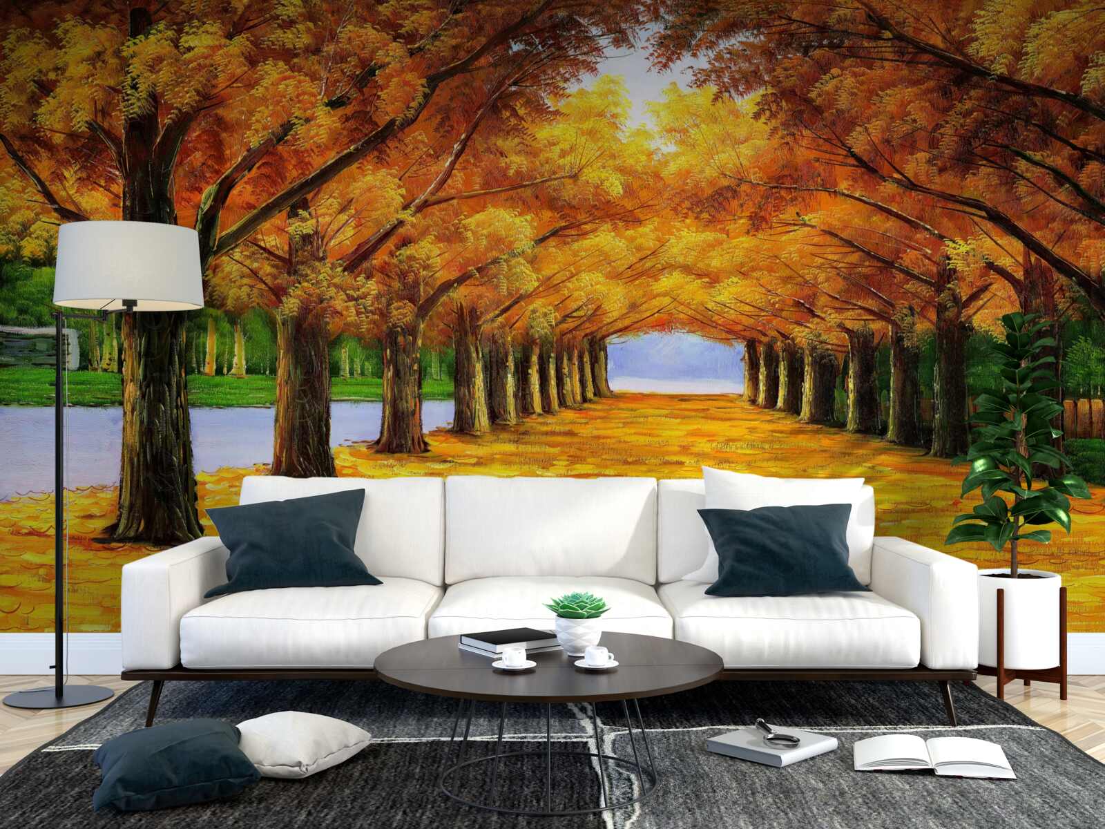 Papier peint période automnale dans un parc avec des arbres couverts de feuilles