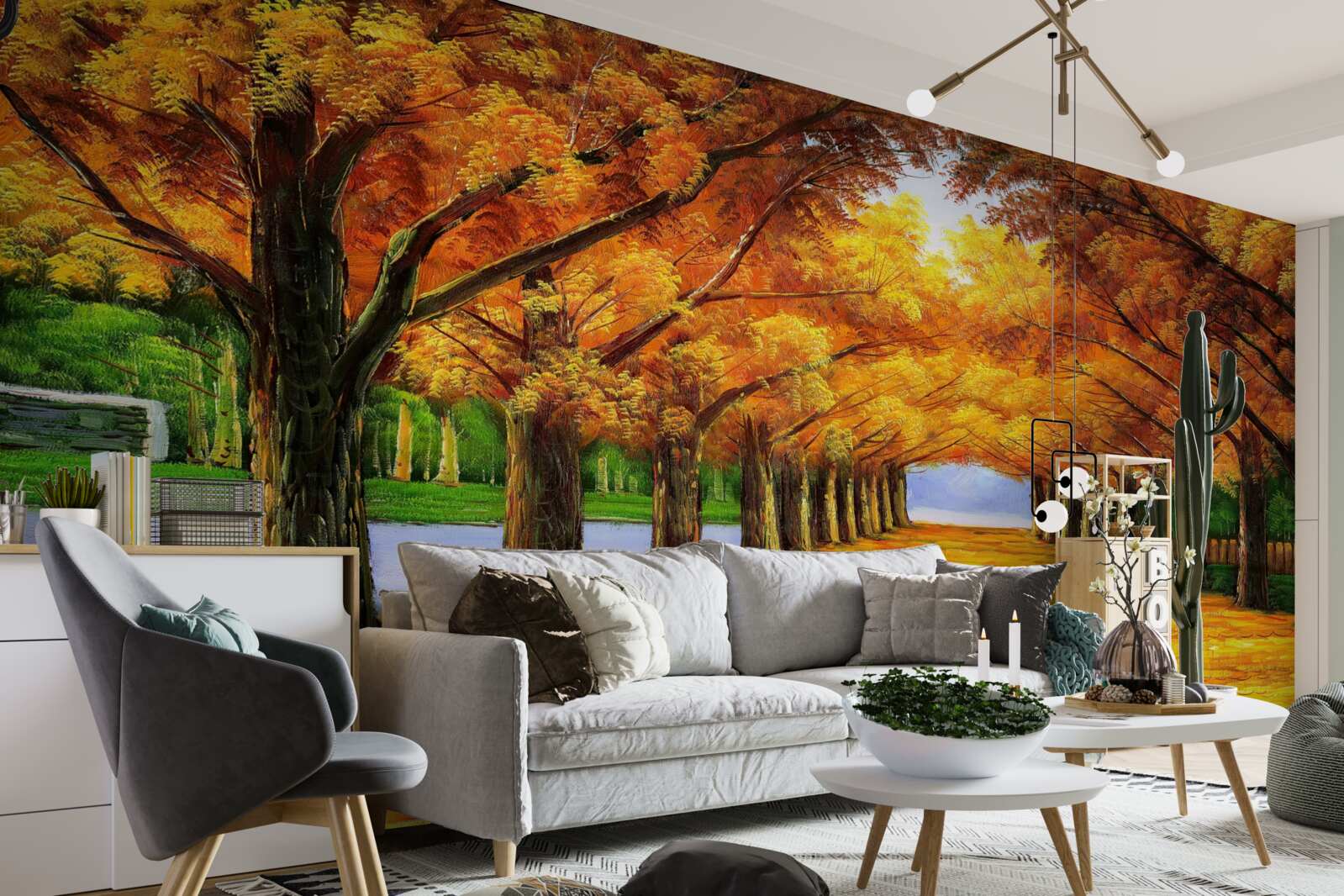 Papier peint période automnale dans un parc avec des arbres couverts de feuilles