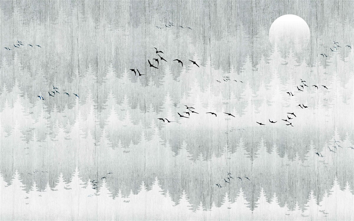 Papier peint des oiseaux survolent une forêt couverte de brume