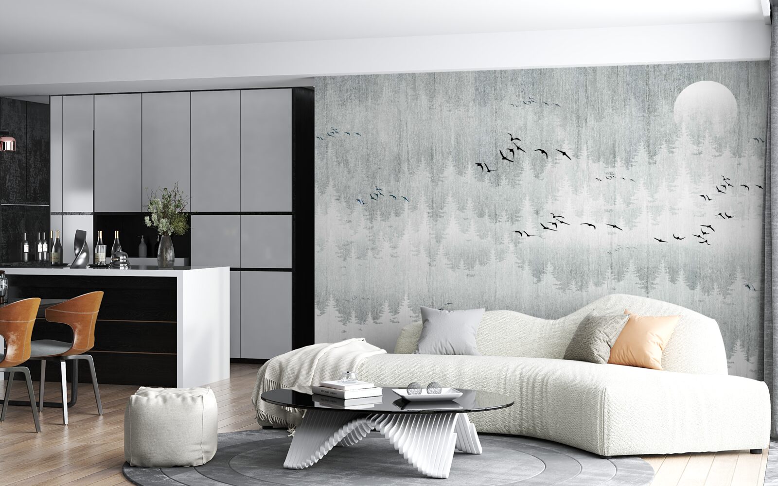 Papier peint des oiseaux survolent une forêt couverte de brume