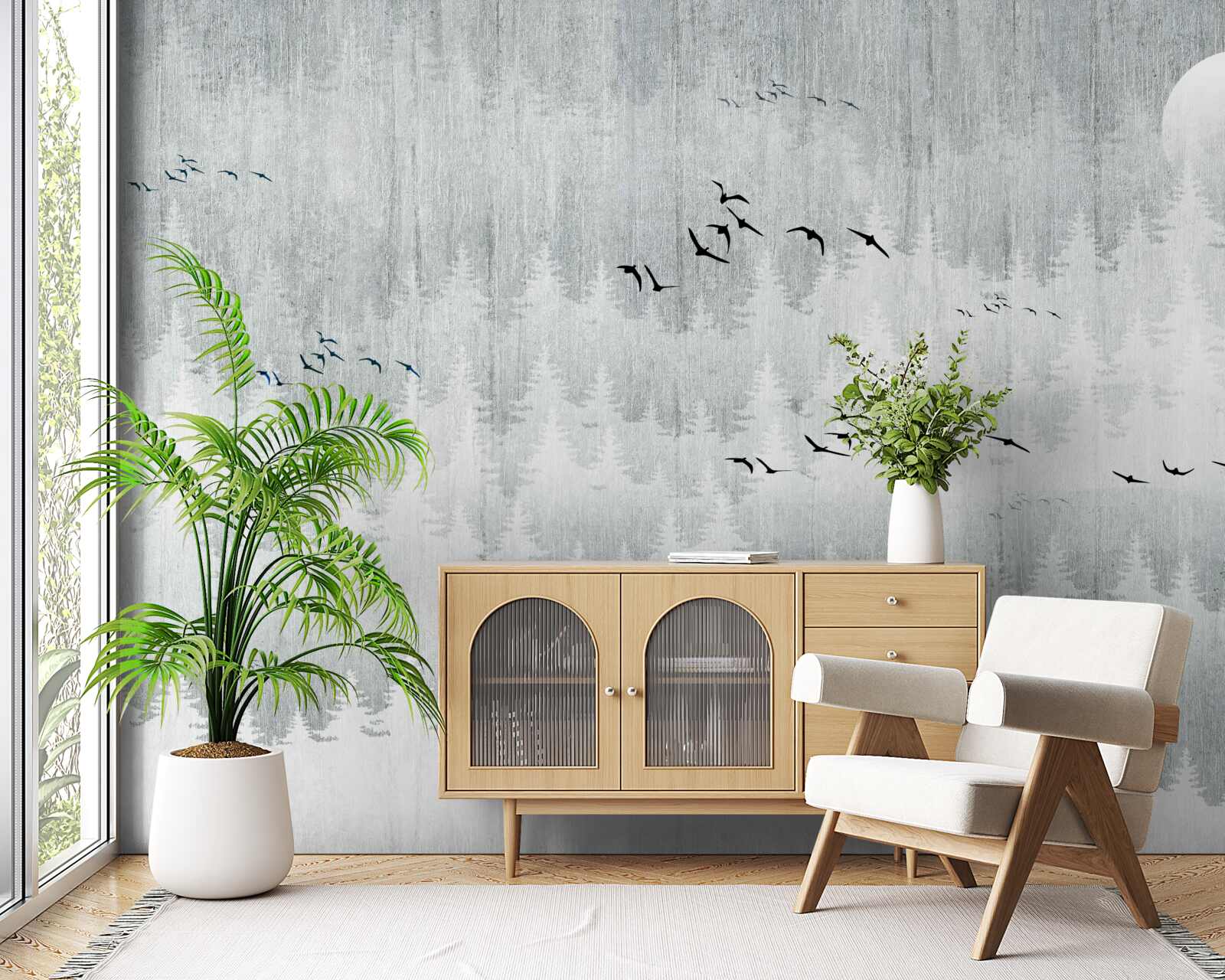 Papier peint des oiseaux survolent une forêt couverte de brume