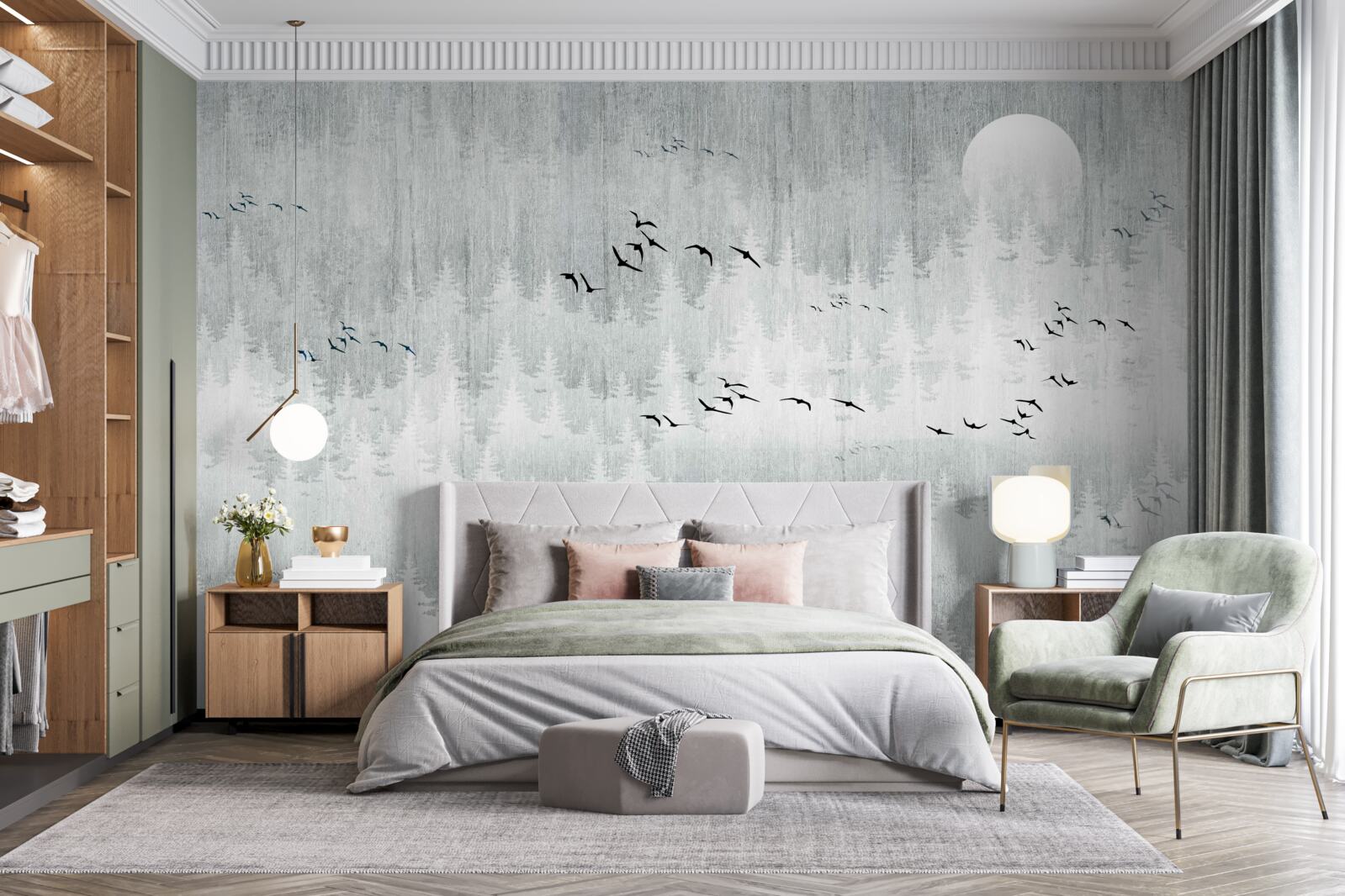 Papier peint des oiseaux survolent une forêt couverte de brume