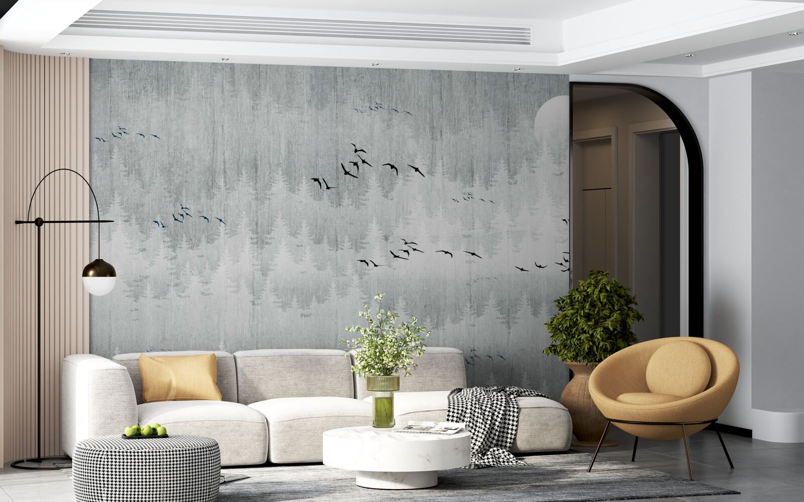 Papier peint des oiseaux survolent une forêt couverte de brume
