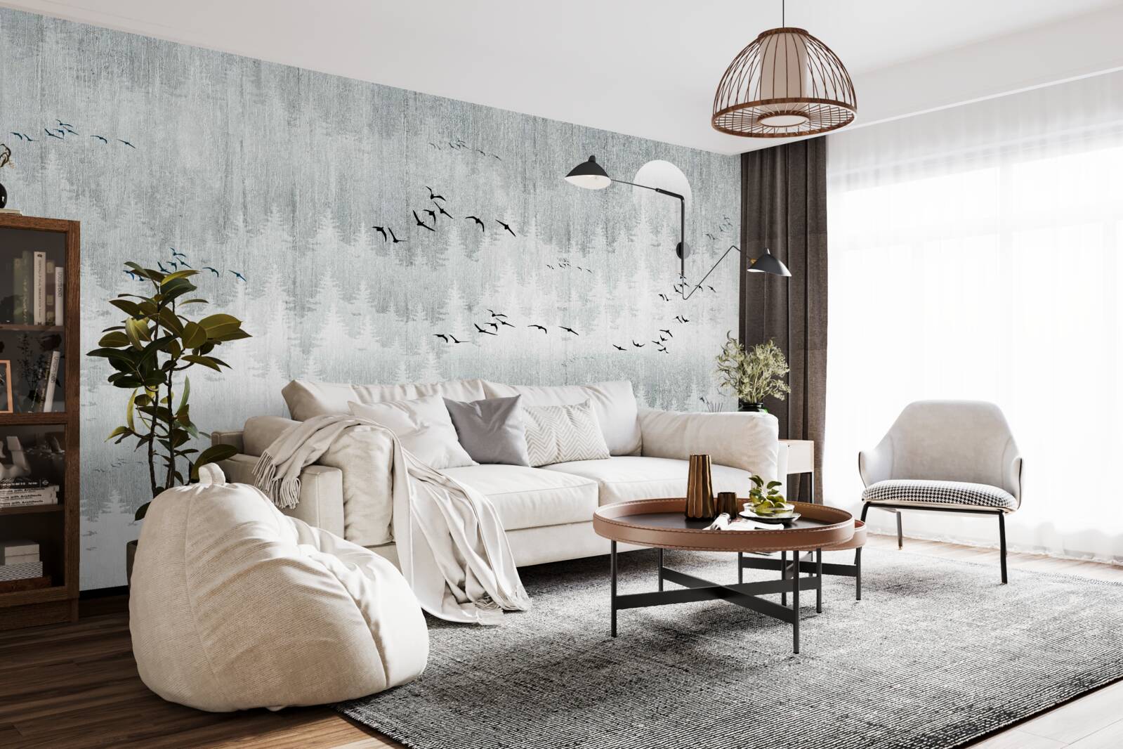 Papier peint des oiseaux survolent une forêt couverte de brume