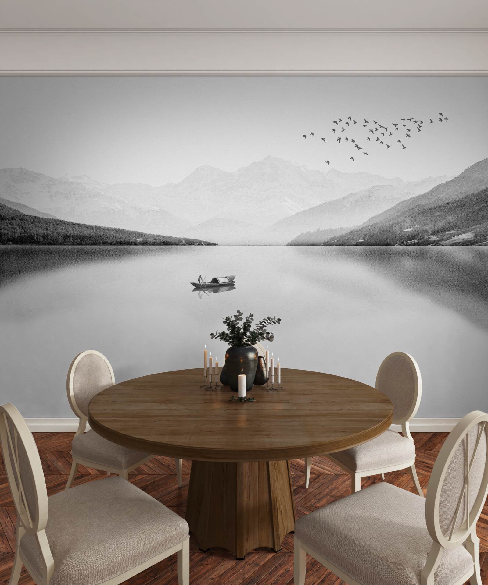 Papier peint pêcheur au centre d'un étang tranquille