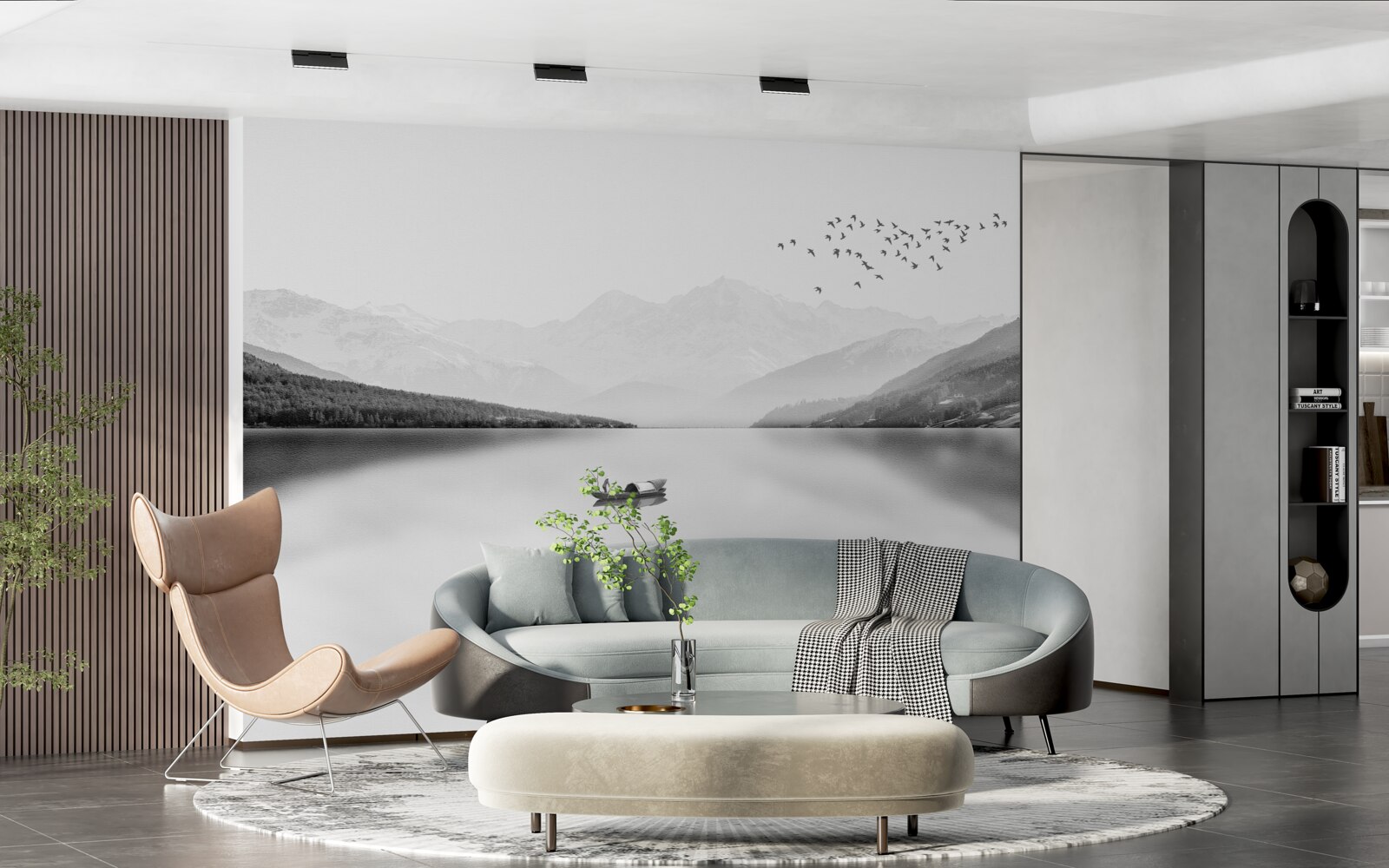 Papier peint pêcheur au centre d'un étang tranquille