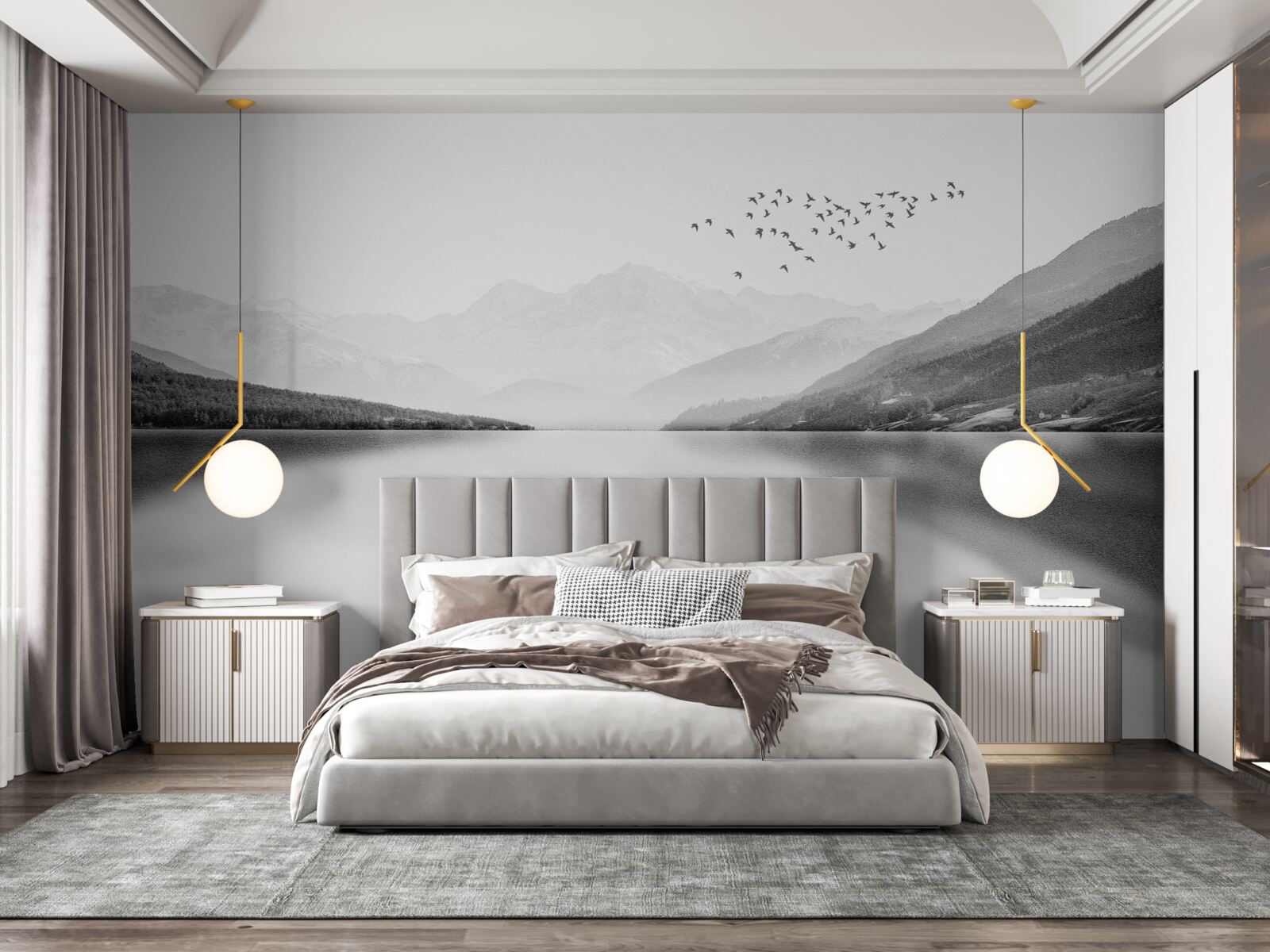 Papier peint pêcheur au centre d'un étang tranquille