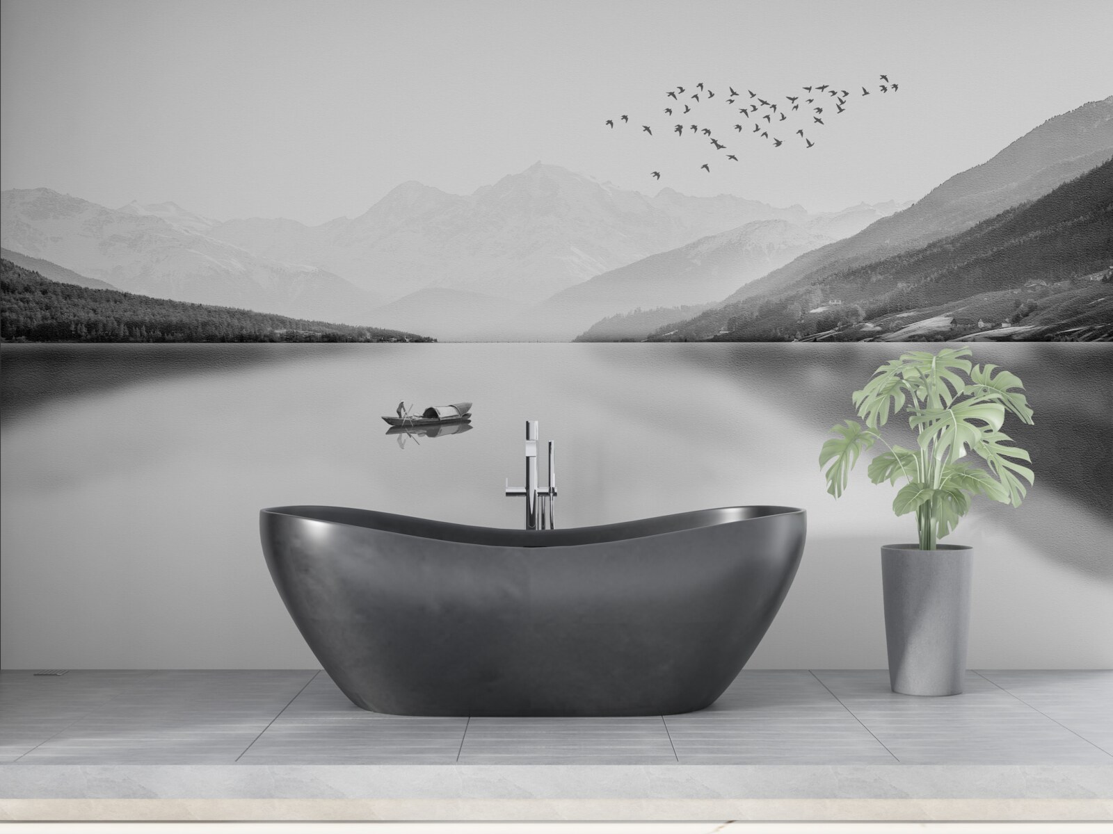 Papier peint pêcheur au centre d'un étang tranquille