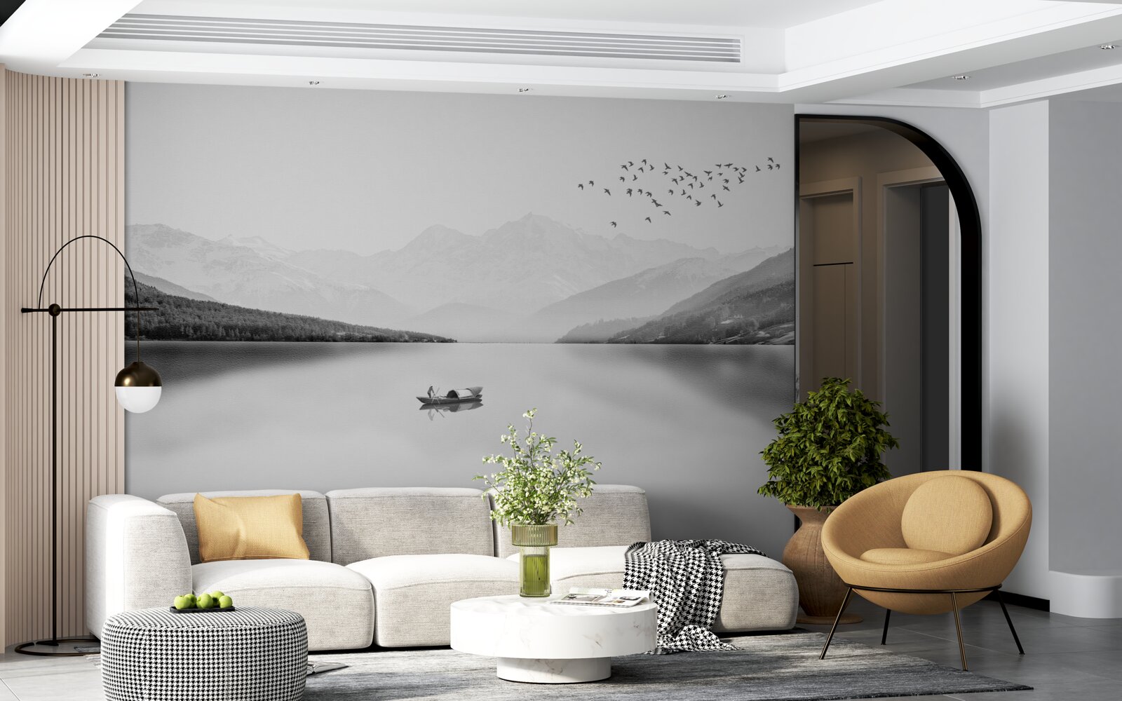 Papier peint pêcheur au centre d'un étang tranquille