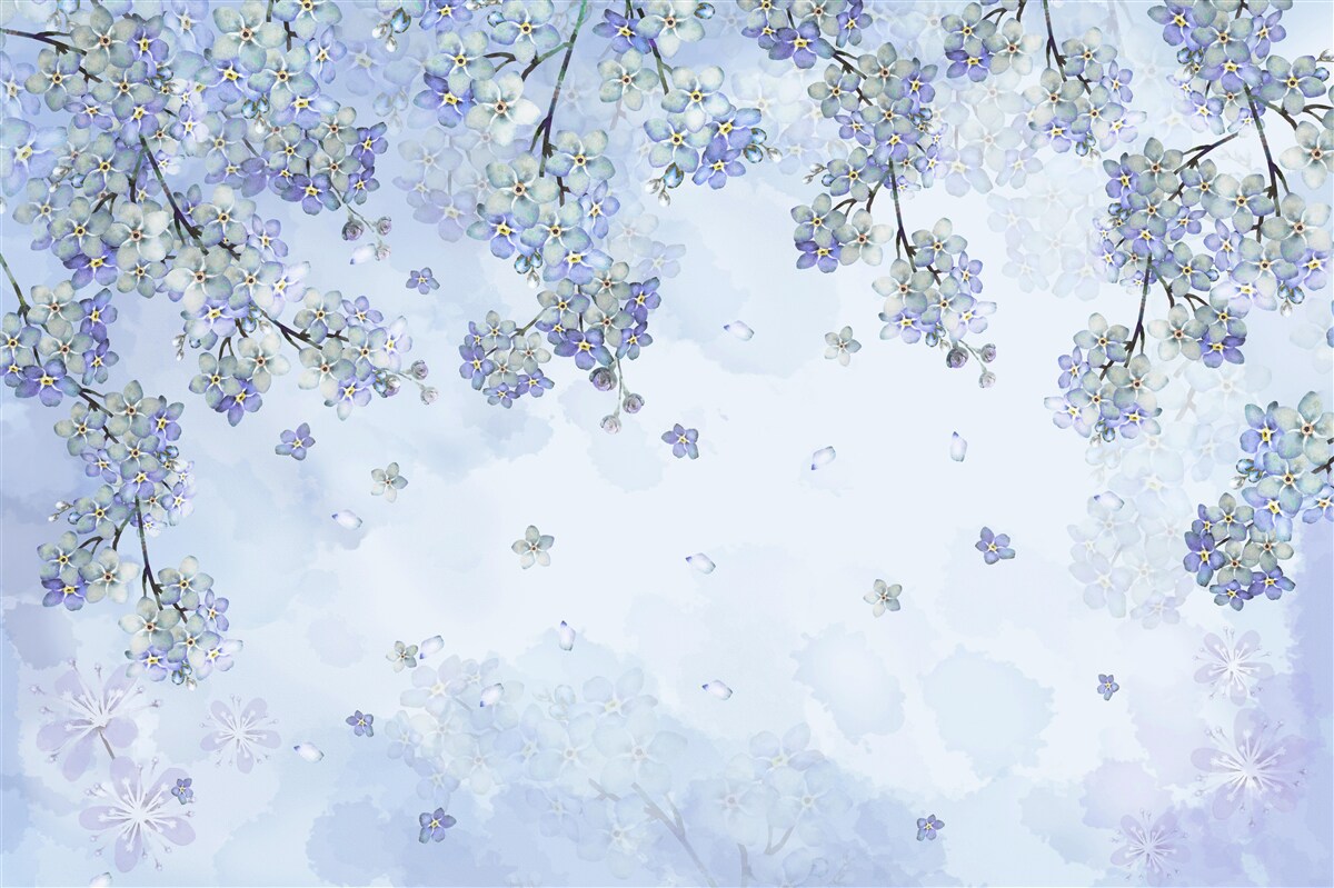 Papier peint arbres à fleurs dans les tons lilas