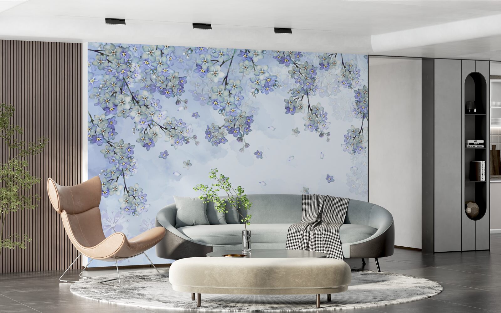 Papier peint arbres à fleurs dans les tons lilas