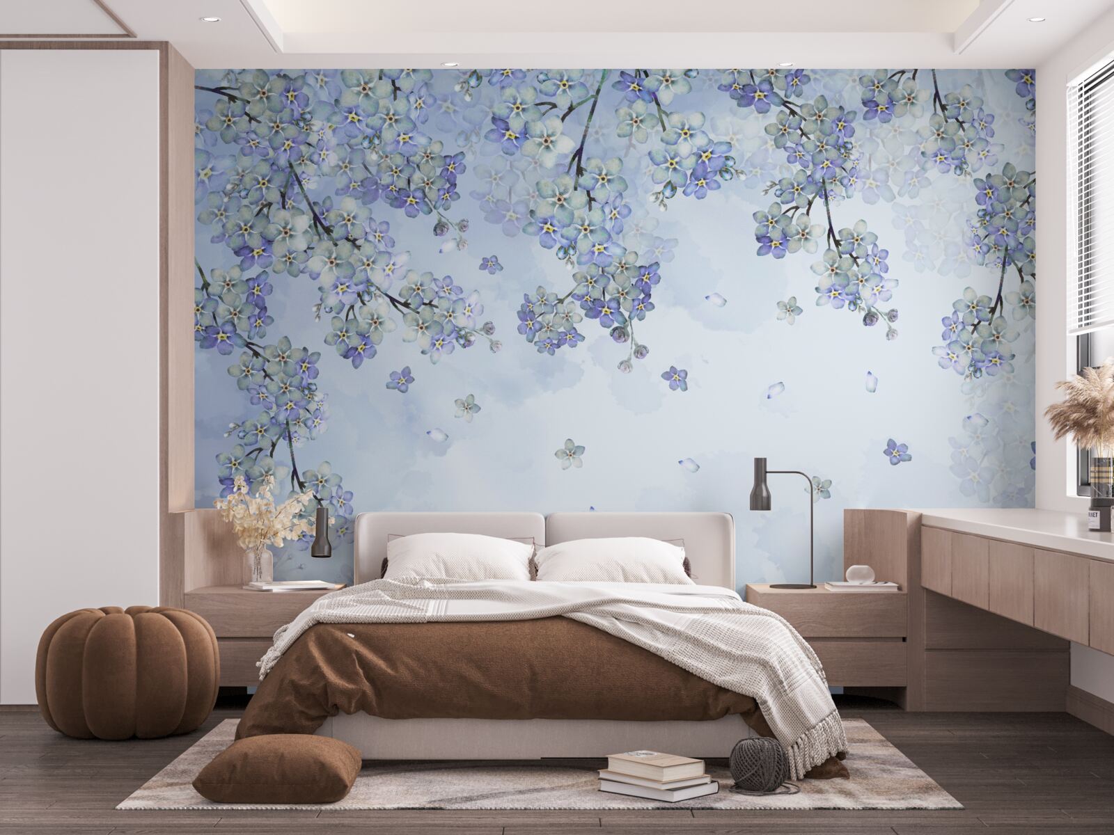 Papier peint arbres à fleurs dans les tons lilas