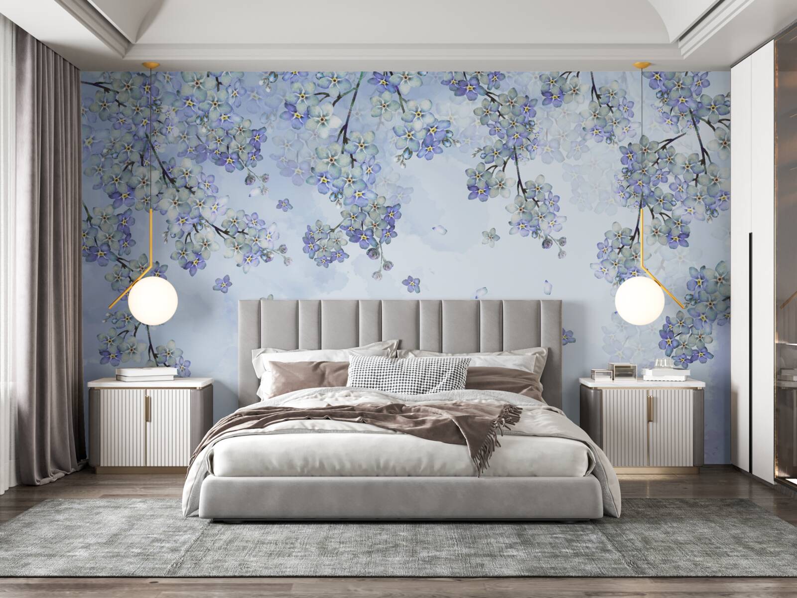 Papier peint arbres à fleurs dans les tons lilas