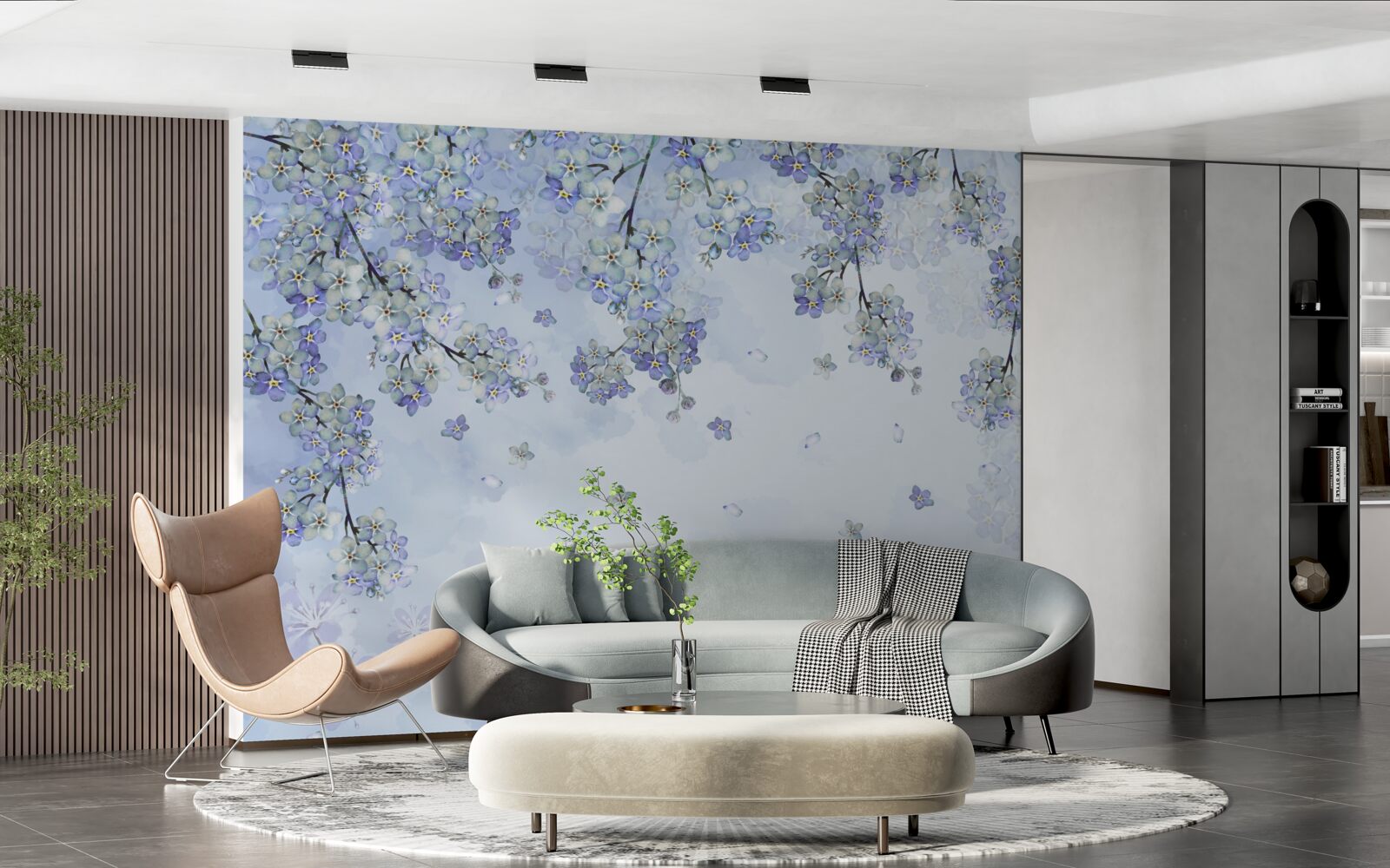 Papier peint arbres à fleurs dans les tons lilas