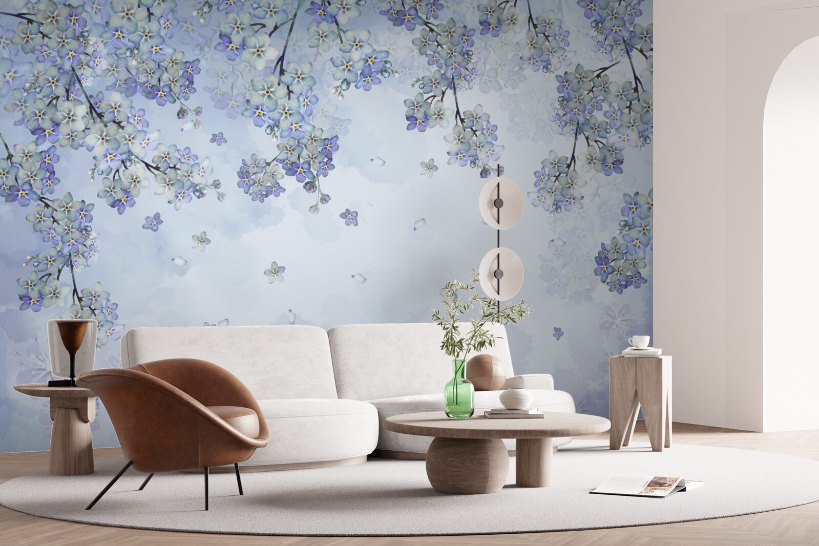 Papier peint arbres à fleurs dans les tons lilas