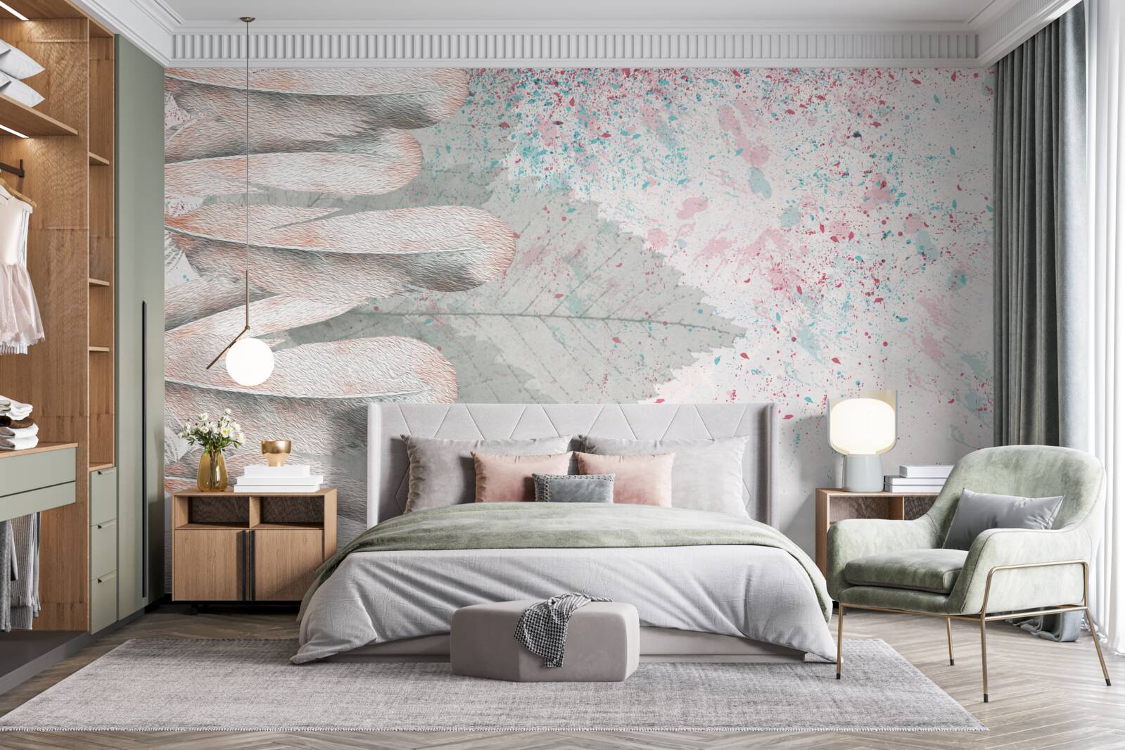 Papier peint plumes et feuilles de mélèze