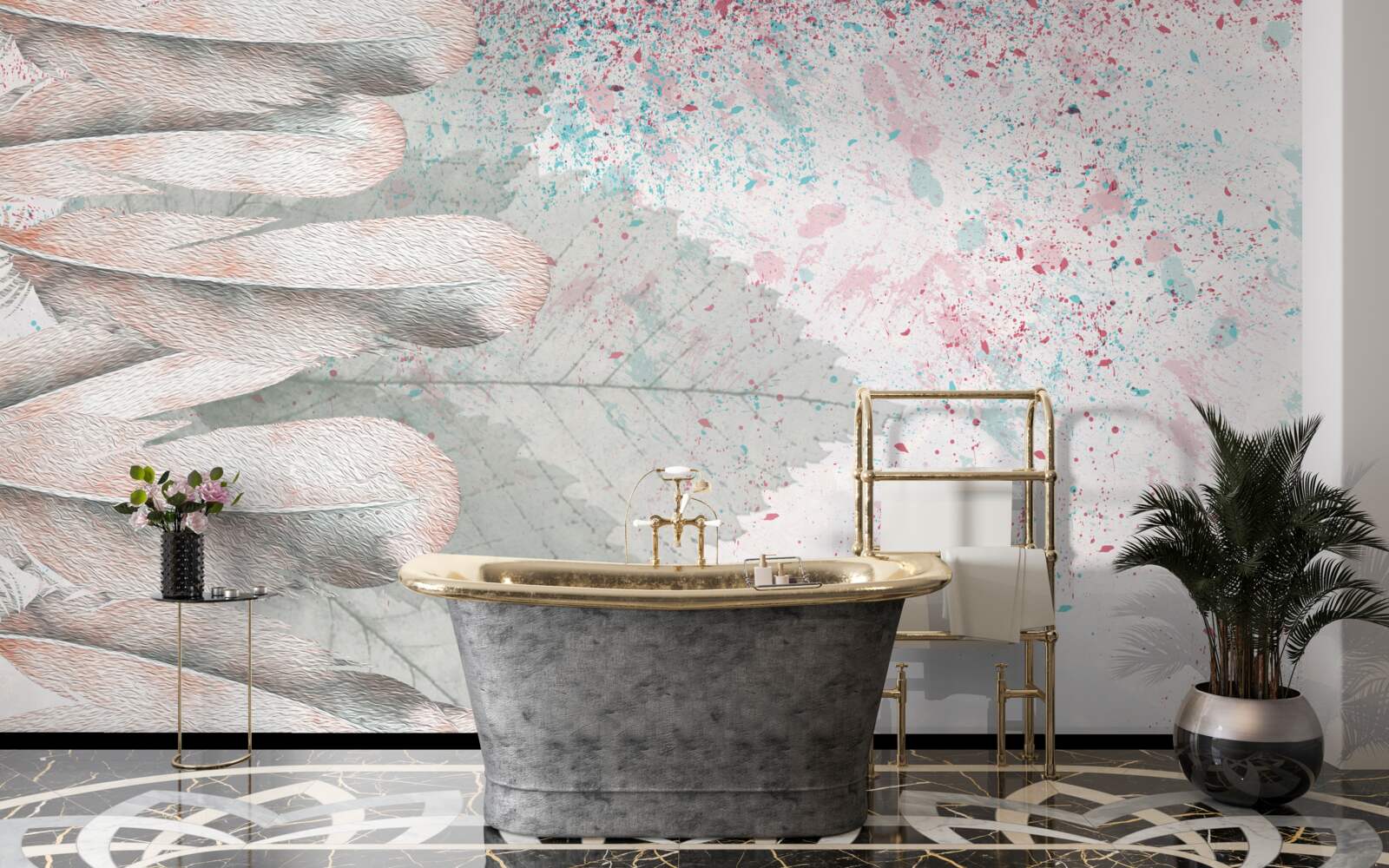 Papier peint plumes et feuilles de mélèze