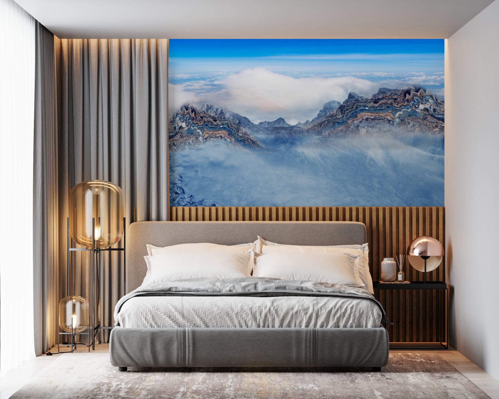 Papier peint les pics rocheux sont enveloppés d'un épais brouillard