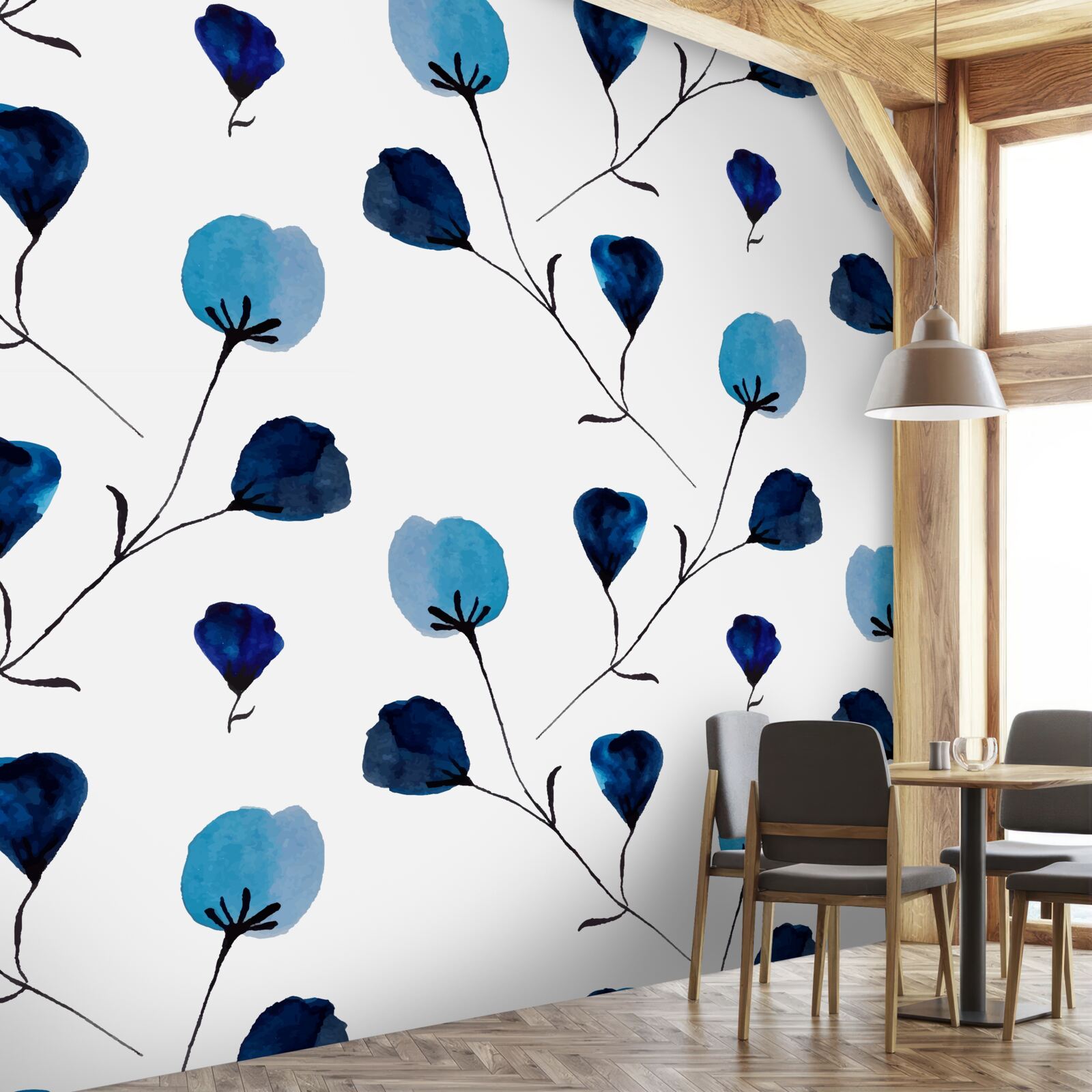 Papier peint fleurs de coton bleu