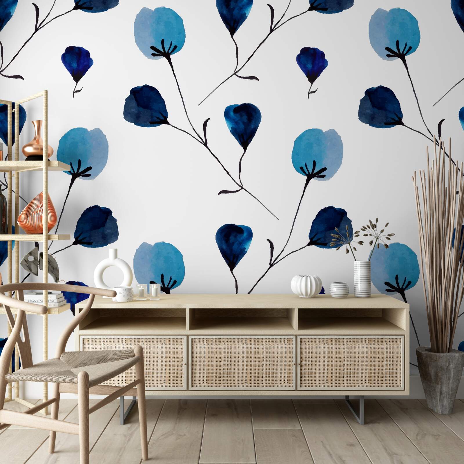 Papier peint fleurs de coton bleu