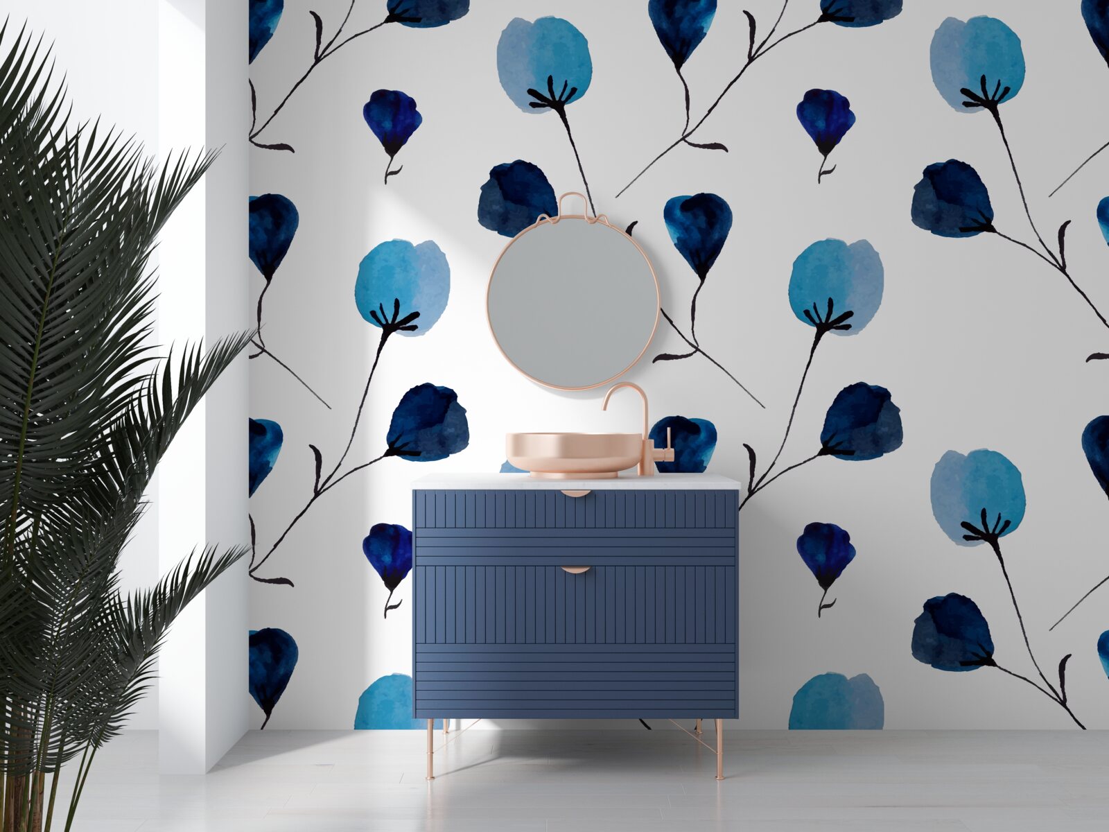 Papier peint fleurs de coton bleu