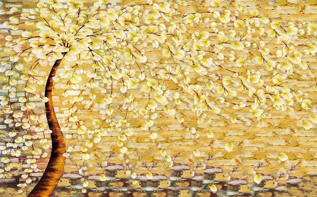 Papier peint arbre parsemé de fleurs blanches et jaunes