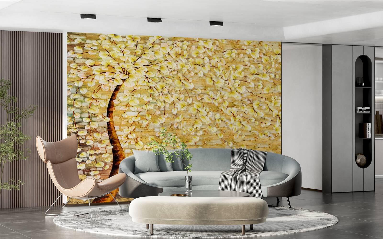 Papier peint arbre parsemé de fleurs blanches et jaunes