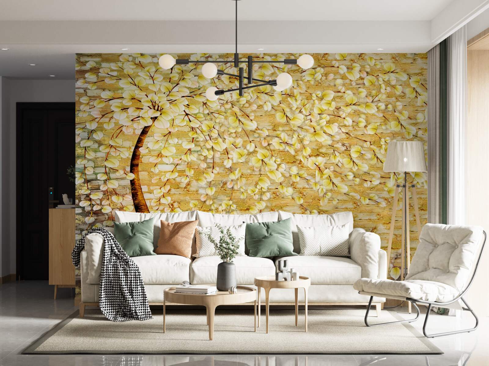 Papier peint arbre parsemé de fleurs blanches et jaunes