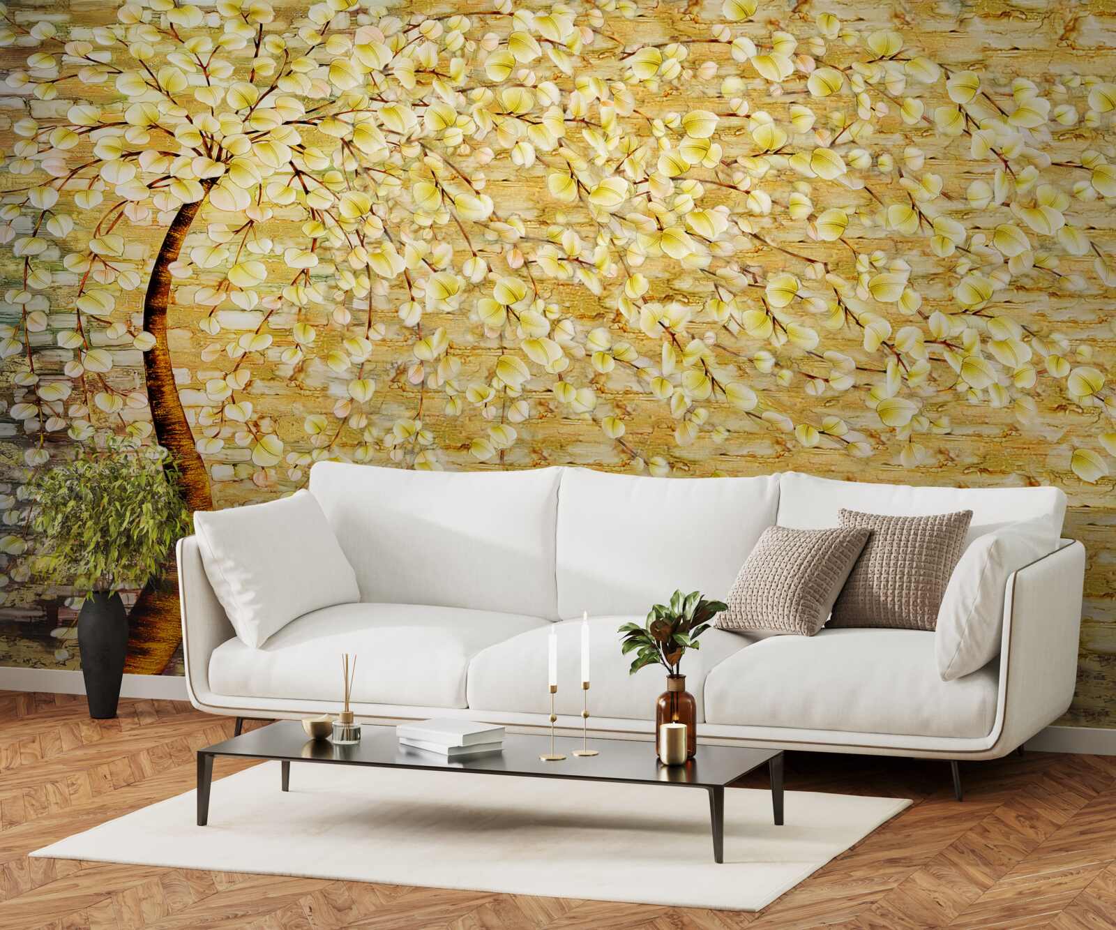 Papier peint arbre parsemé de fleurs blanches et jaunes