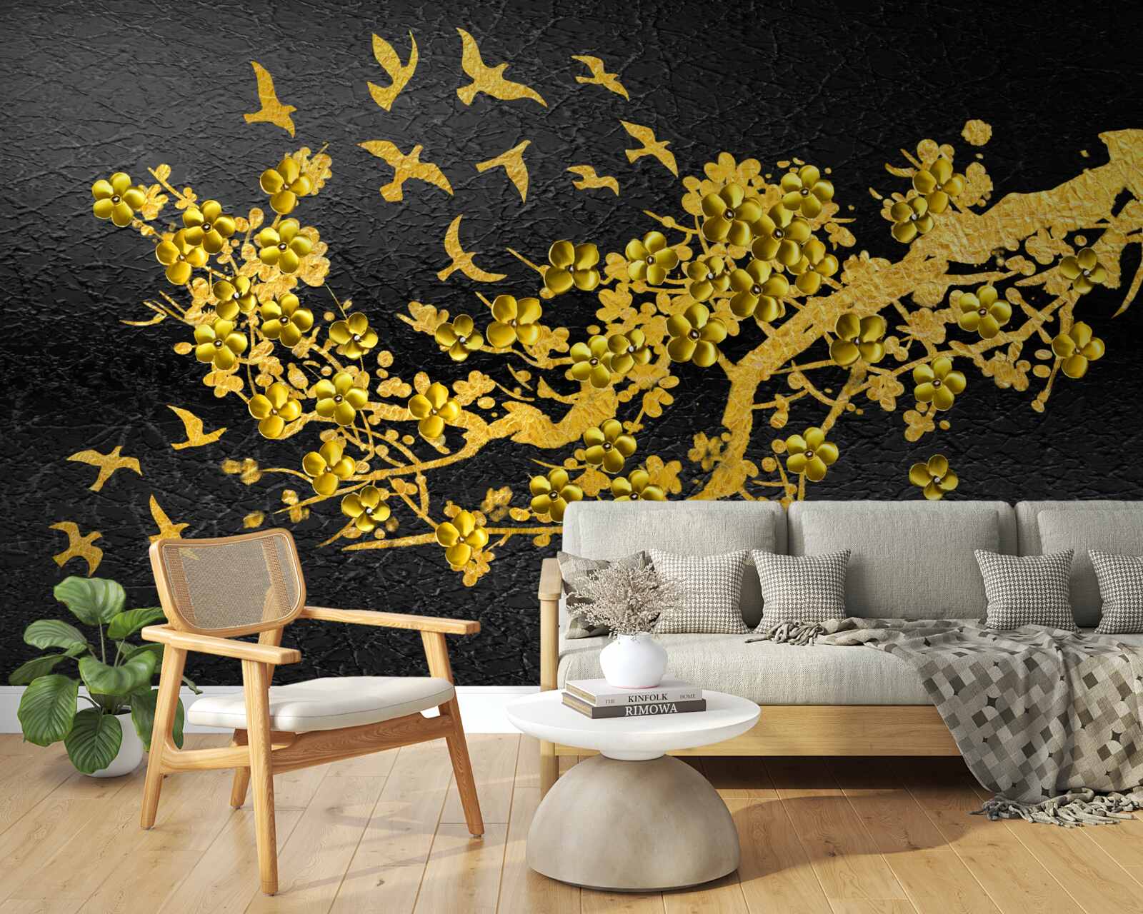 Papier peint petites fleurs jaunes et oiseaux