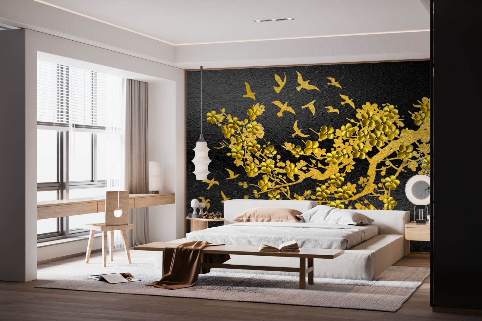 Papier peint petites fleurs jaunes et oiseaux