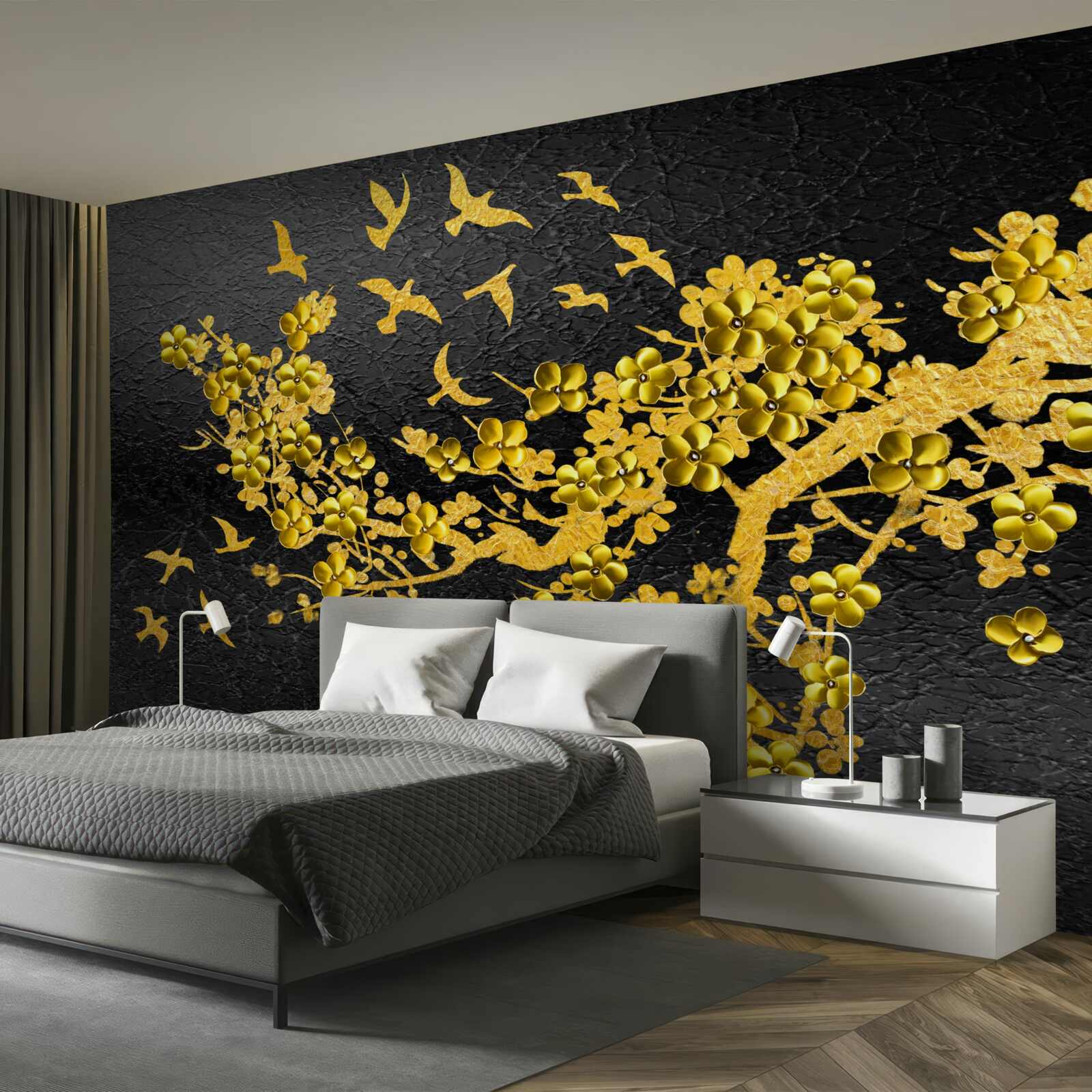 Papier peint petites fleurs jaunes et oiseaux