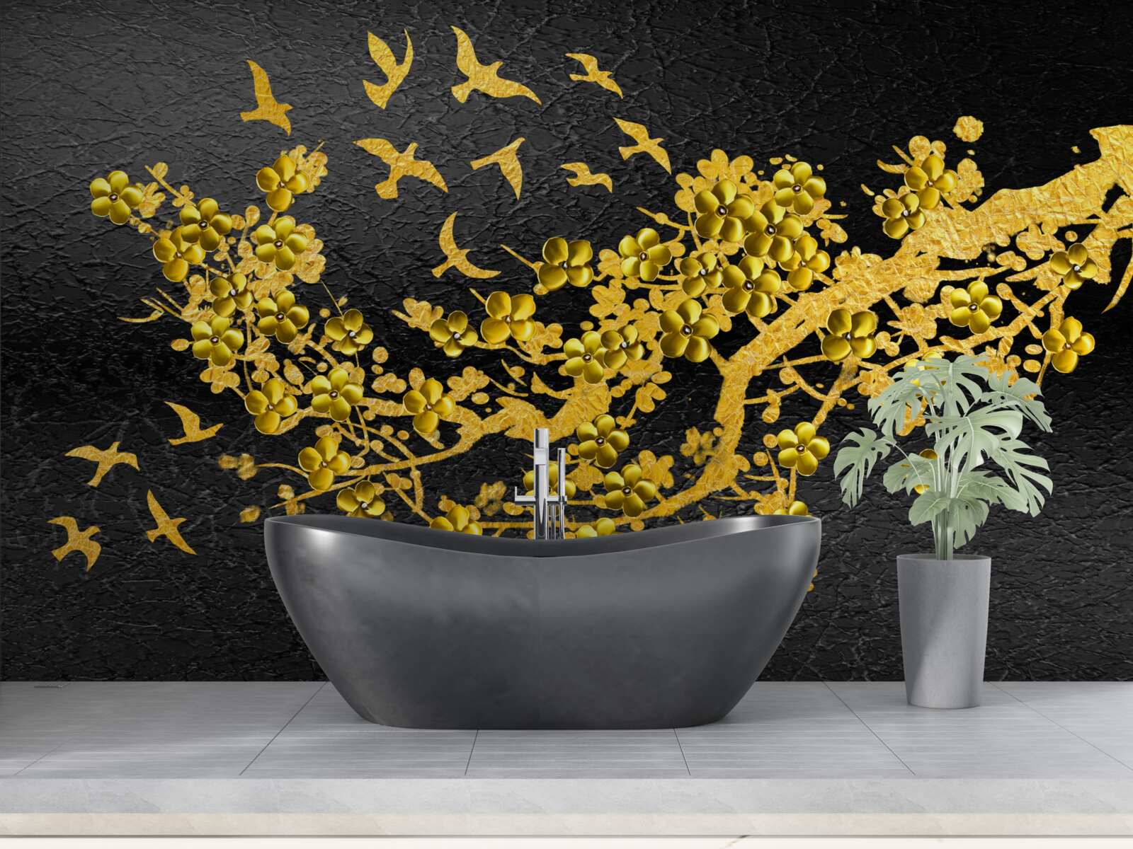 Papier peint petites fleurs jaunes et oiseaux