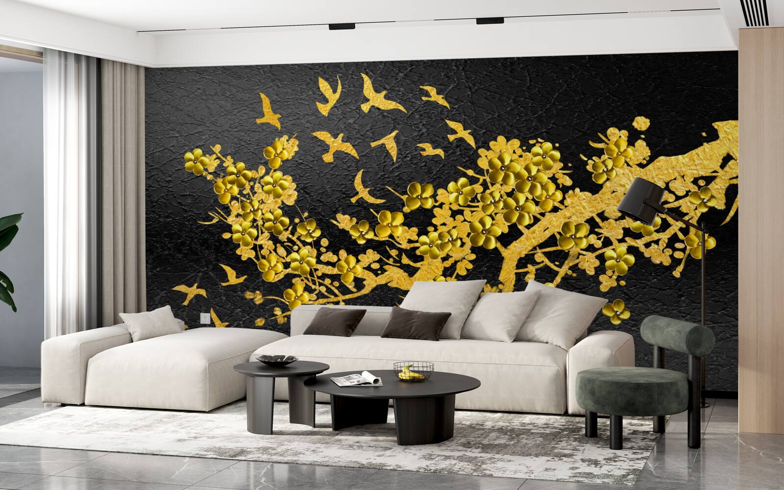 Papier peint petites fleurs jaunes et oiseaux